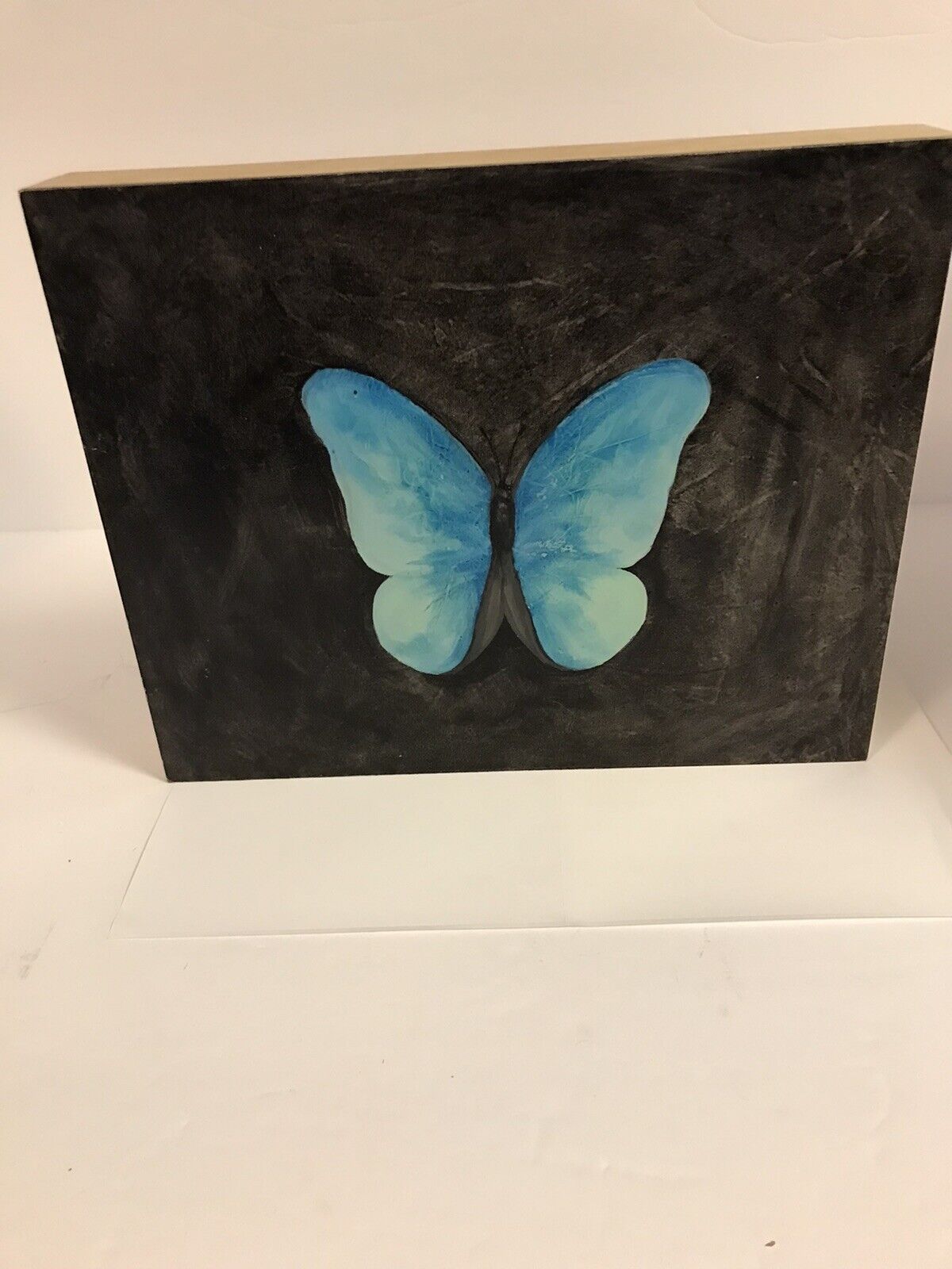 Teal painted butterfly , black background ,signed 8x10 signed 2015 8x10 on gesso
