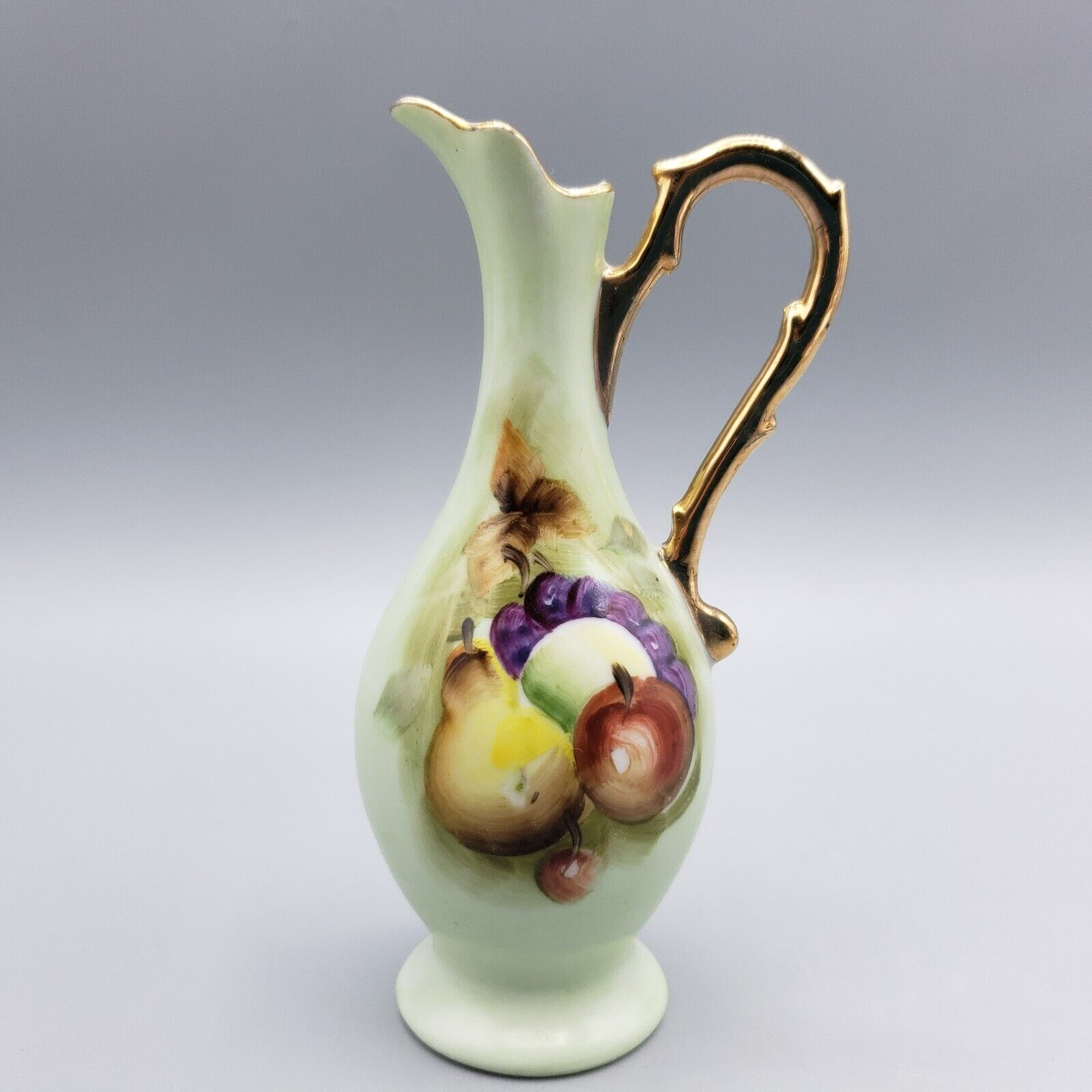Vintage Lefton Ewer Vase Hand Painted Fruit Green Porcelain #8287 Gold Trim Jug