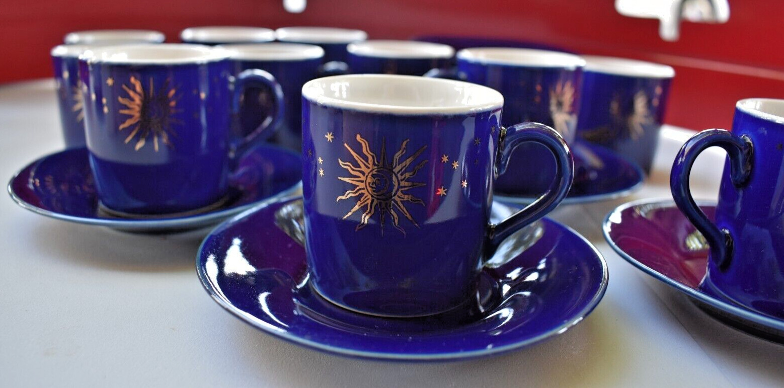 4 ~ CELESTIAL JAPAN Cobalt Blue Celestial Sun Demitasse Cups & Saucers Espresso