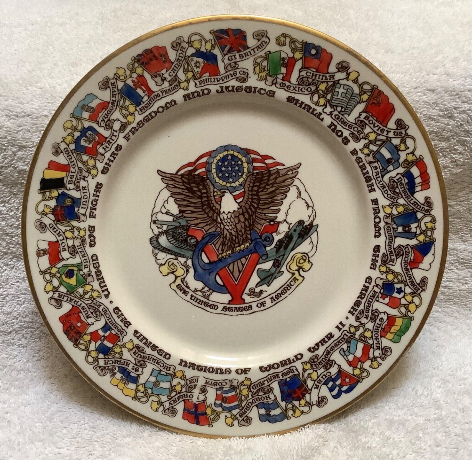 Vtg 1943 FONDEVILLE  Limited Ed. U.S. Patriotic Plate The Allied Nations of WWII