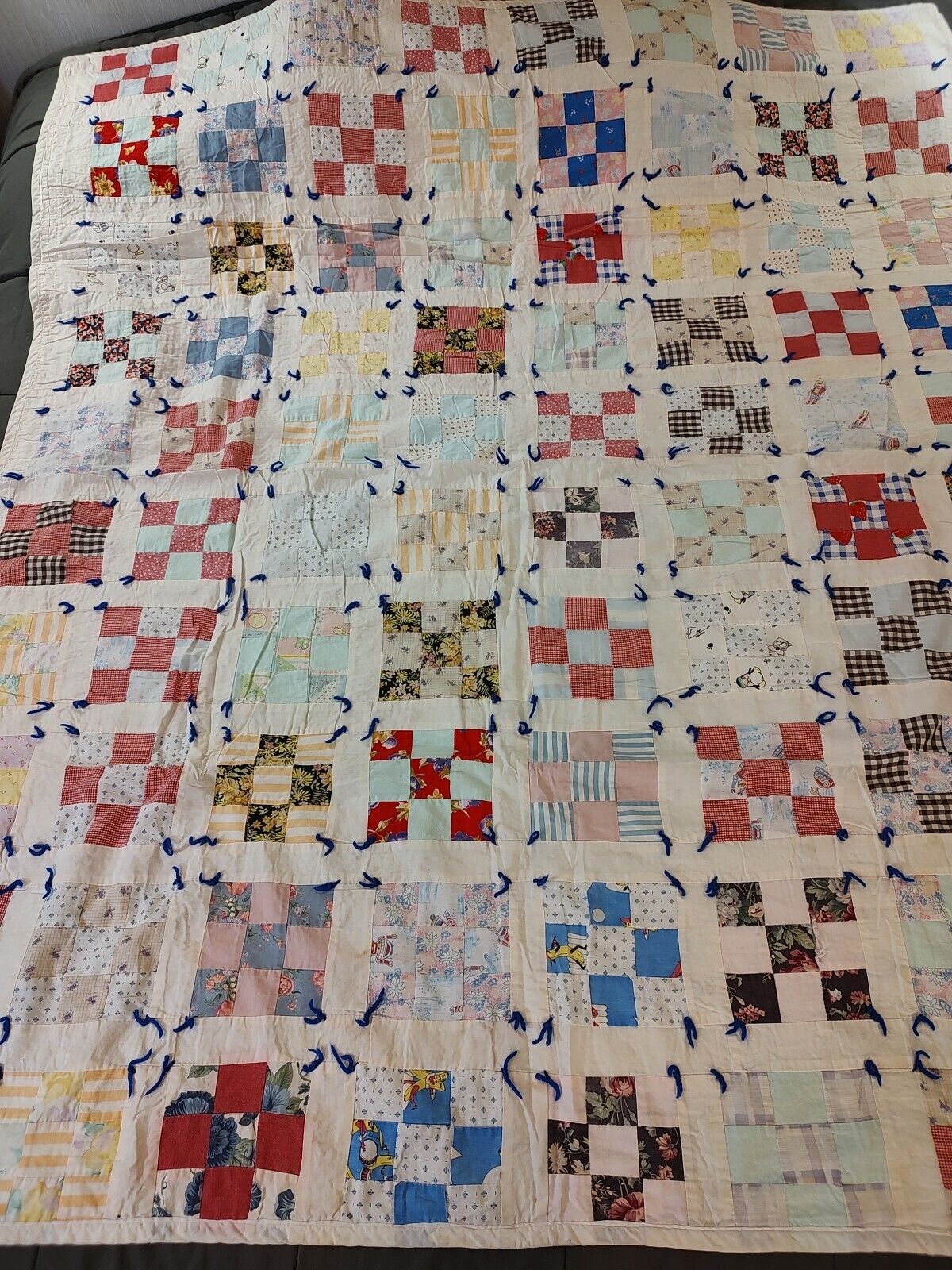Vtg Handmade Patchwork Granny Square Yarn Tied Quilt 72x64 Fleece Type Backing