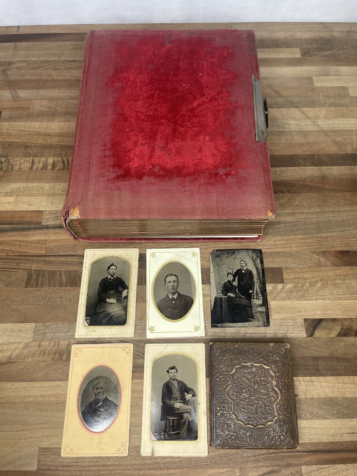 Antique Victorian Red Velvet Photo Album with Metal Clasp and More
