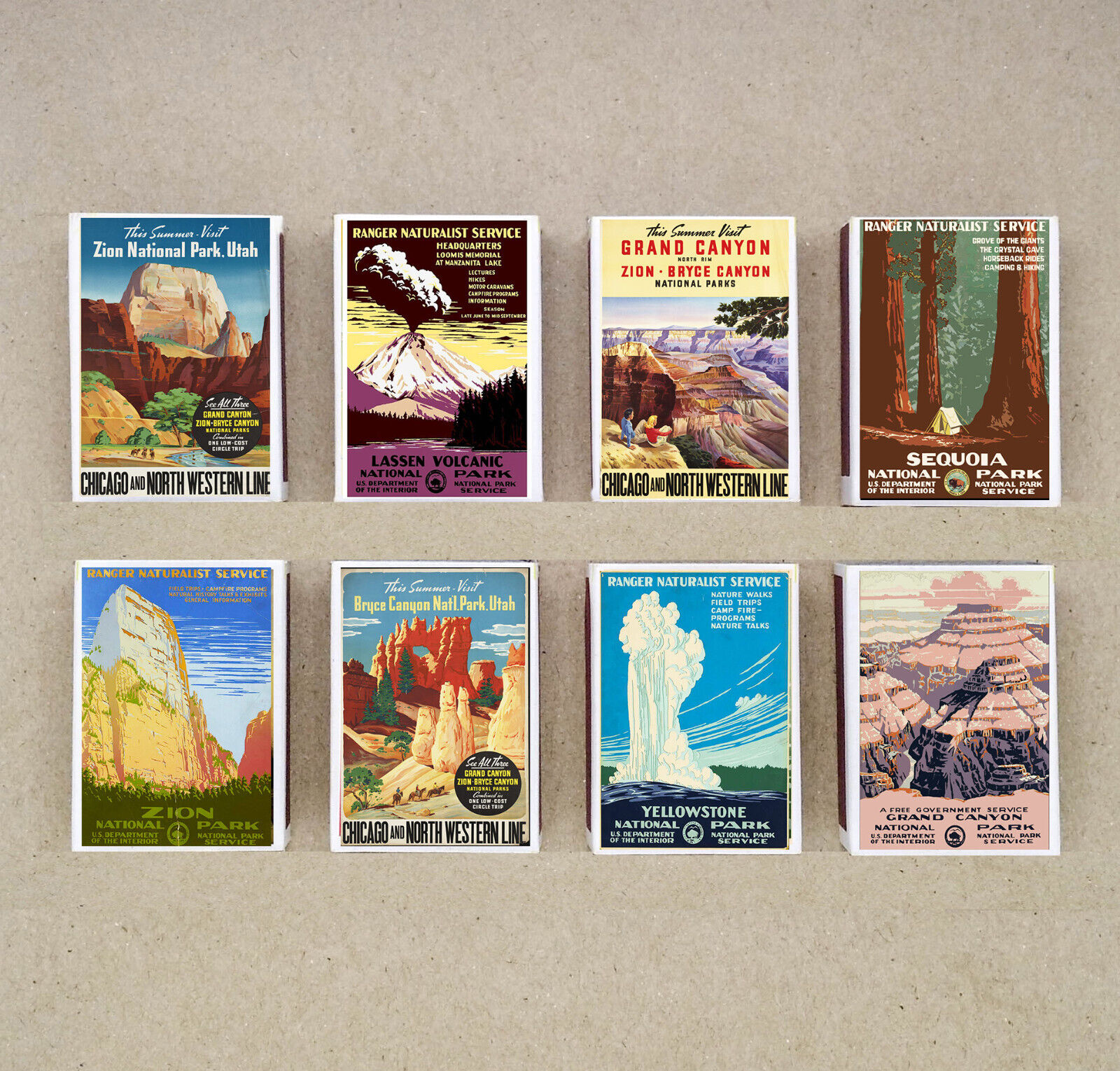 set of 8 matches box vintage poster NATIONAL PARK style match holder printing