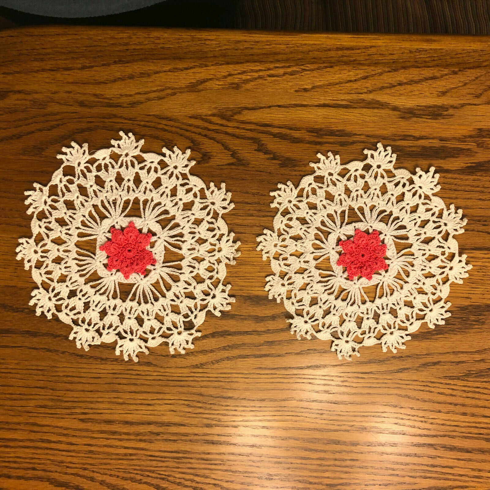 2 Vintage Crocheted Doilies-White with Pink Center- Gorgous