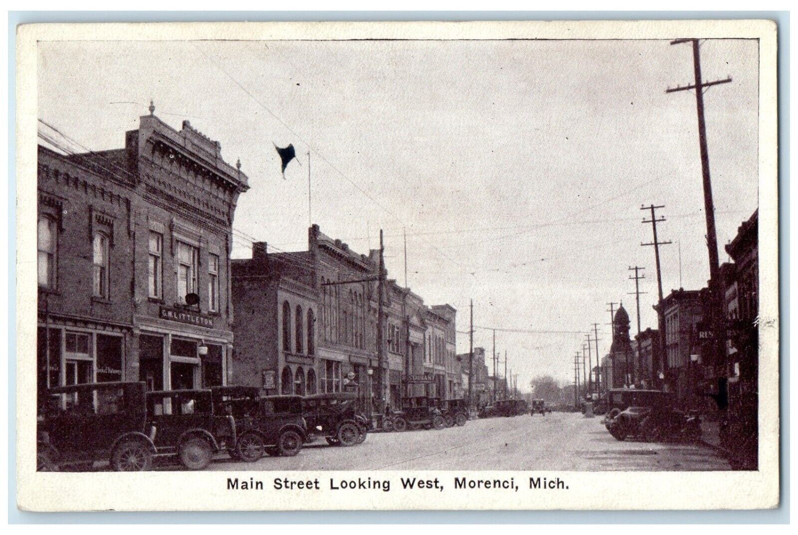 c1930's Main Street Looking West Cars Stores Morenci Michigan MI Posted Postcard