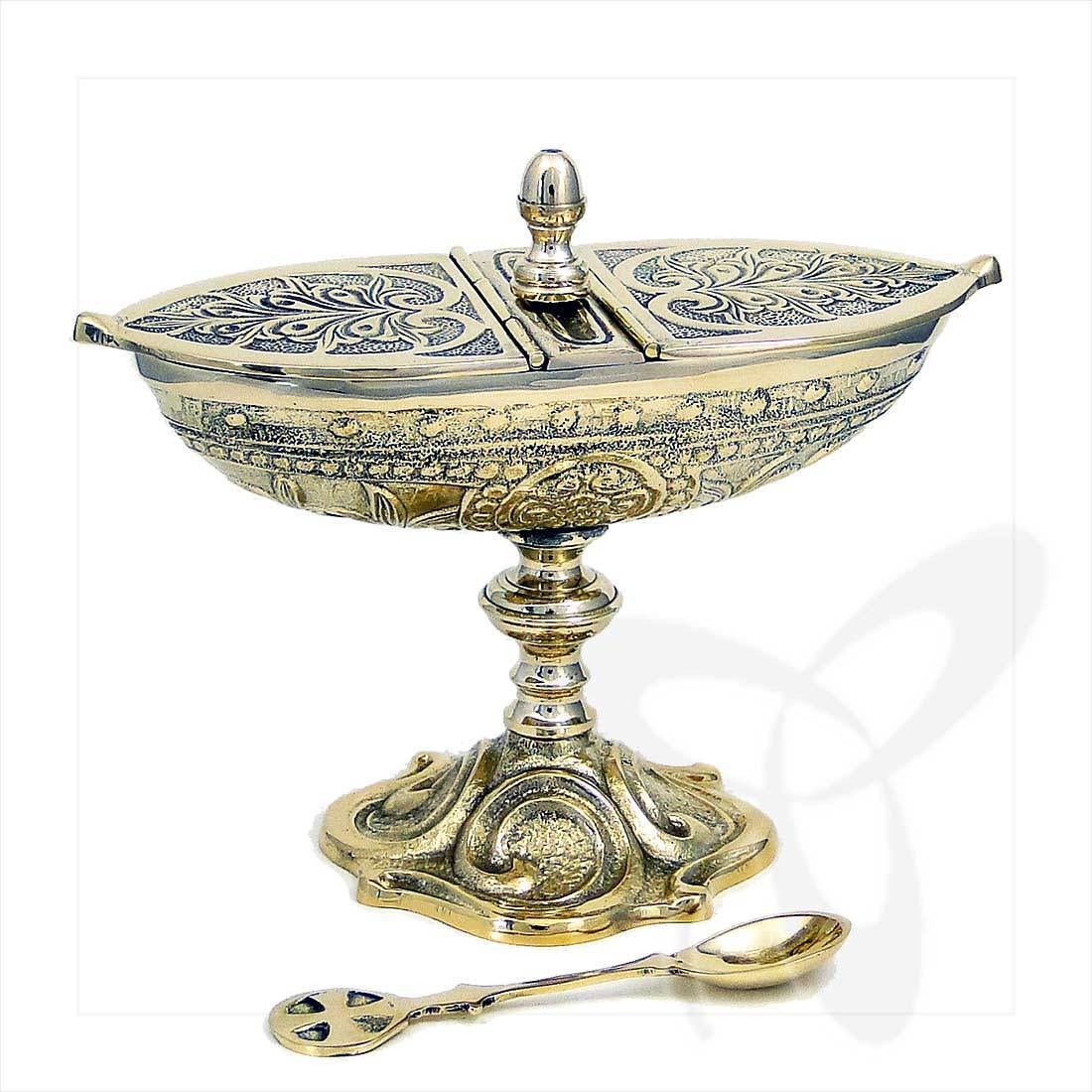 2943 incense boat with hinged lid and spoon, solid brass