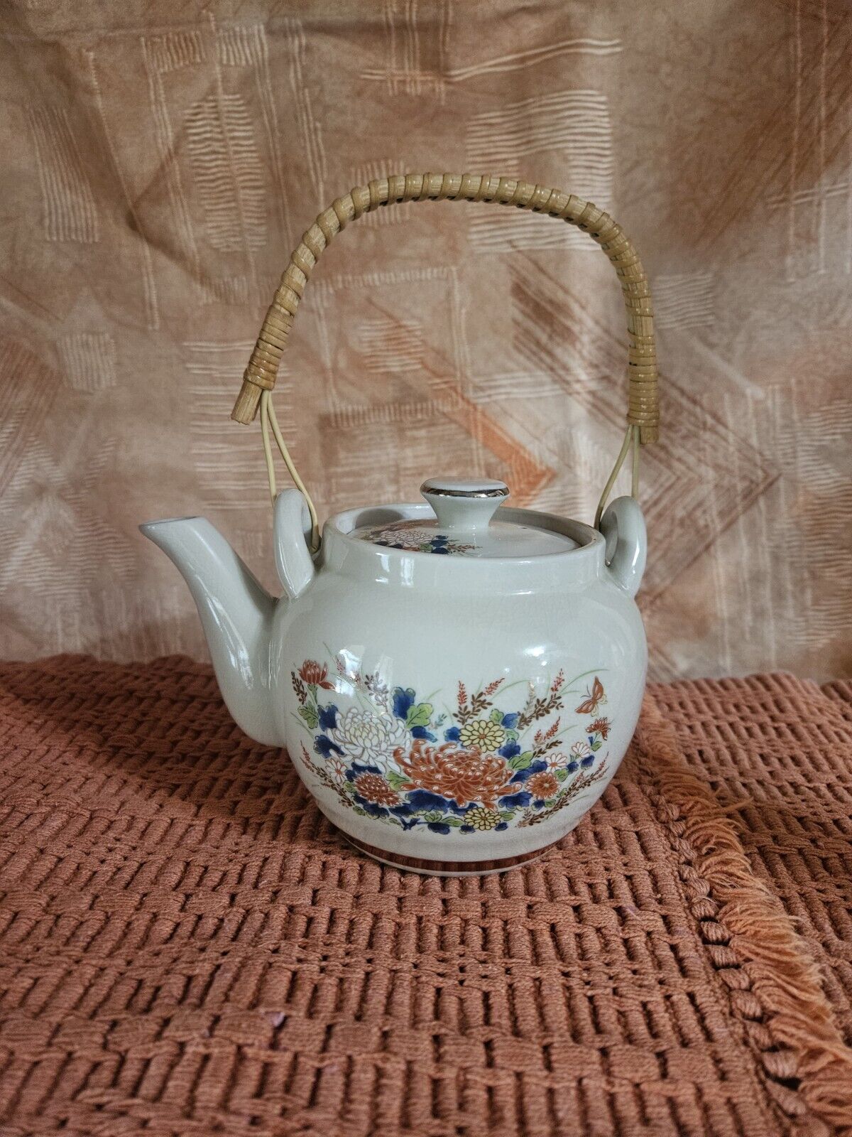 Vintage Japanese Sake Teapot, Wild Flowers, Crackle Glaze Japan. Woven Handle.