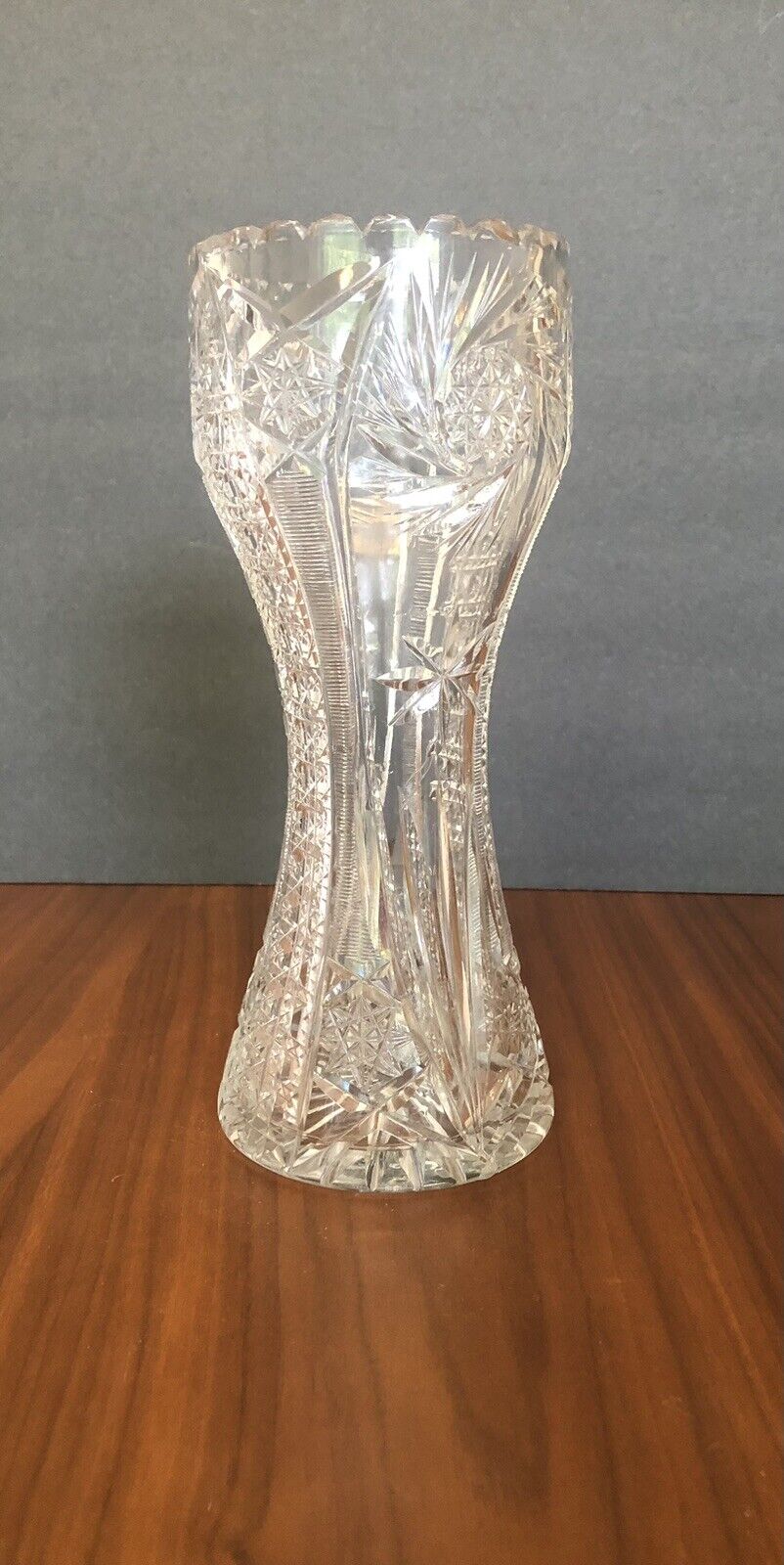 American Brilliant Cut Glass Crystal Corset Vase Pinwheels 10 Inch