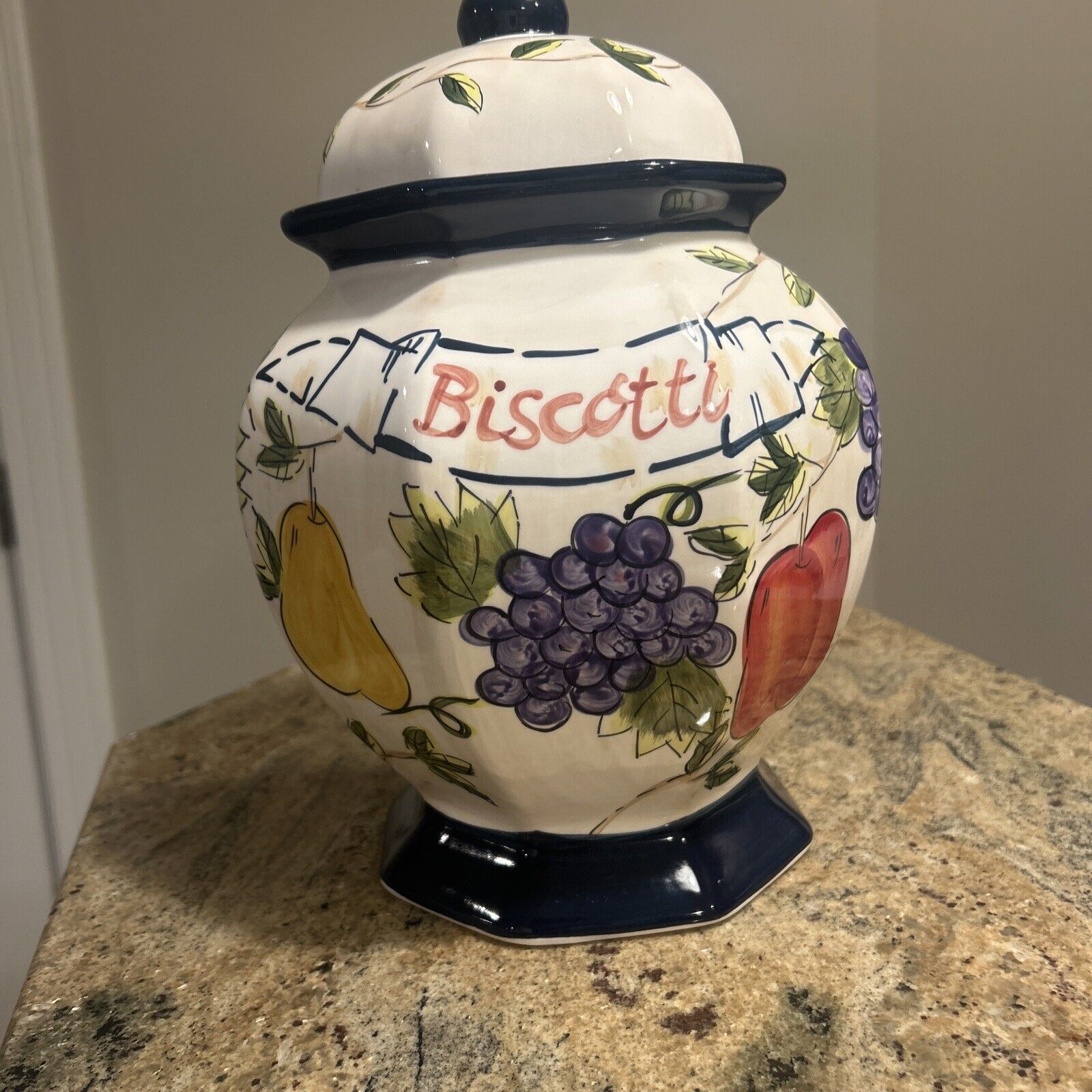 Nonni's Biscotti Hand Painted Ceramic Cookie Jar Colorful Fruit Design 