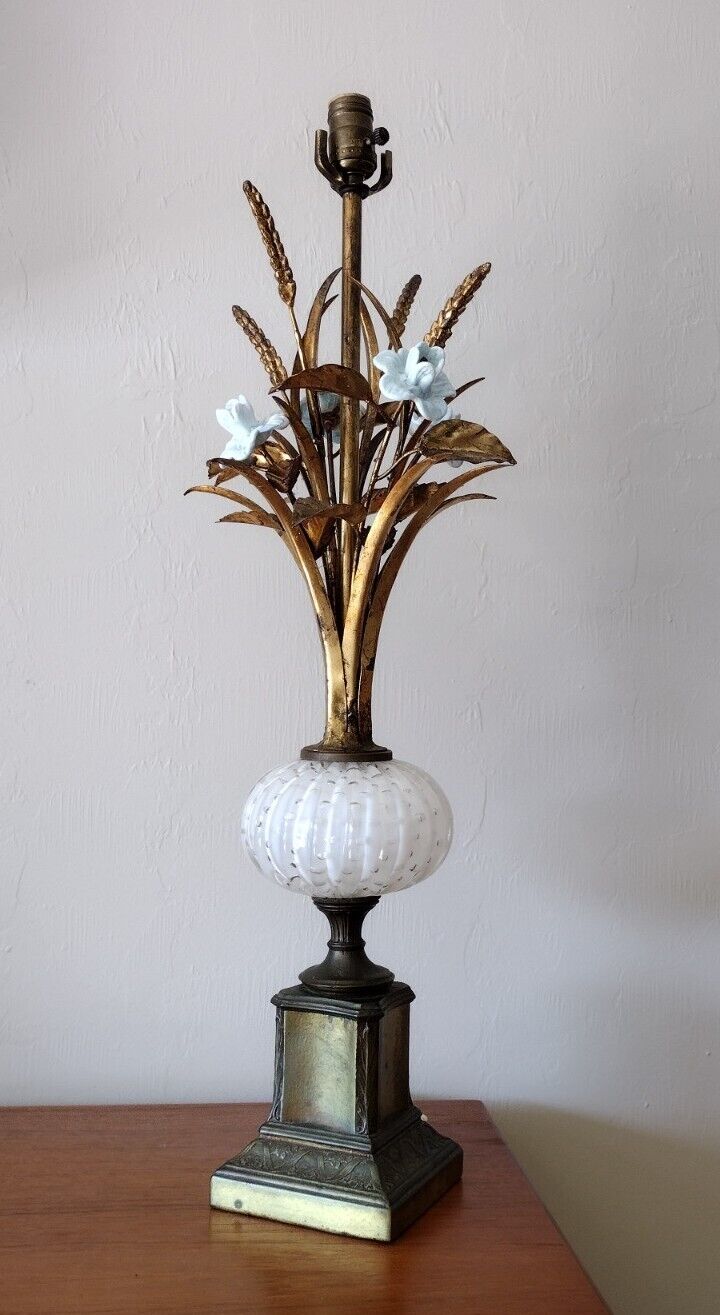 Murano Pasta & Bullicante Glass - Gilt Metal Tole Lamp 1940s Venetian 