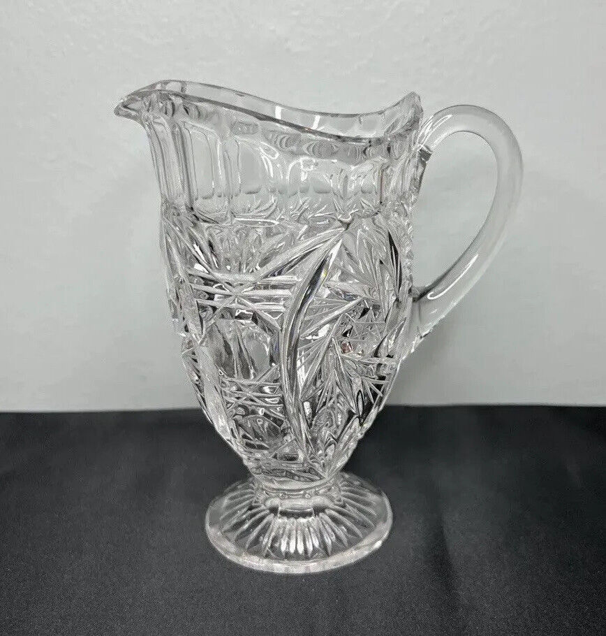 Vtg Crystal Cut Clear Glass Footed Small Pitcher w/ Handle 6” Classic Serving