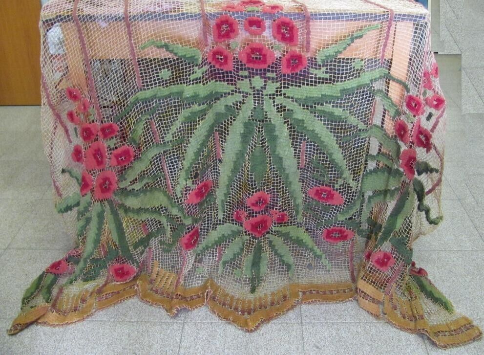 ANTIQUE 19C. HAND KNITTED EMBROIDERED TABLE CLOTH CURTAIN DRAPERY WOOL THREAD
