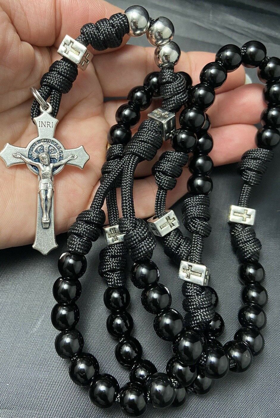 Paracord  Black Beads Rosary, St. Benedict Crucifix, Durable Rosary- Handmade
