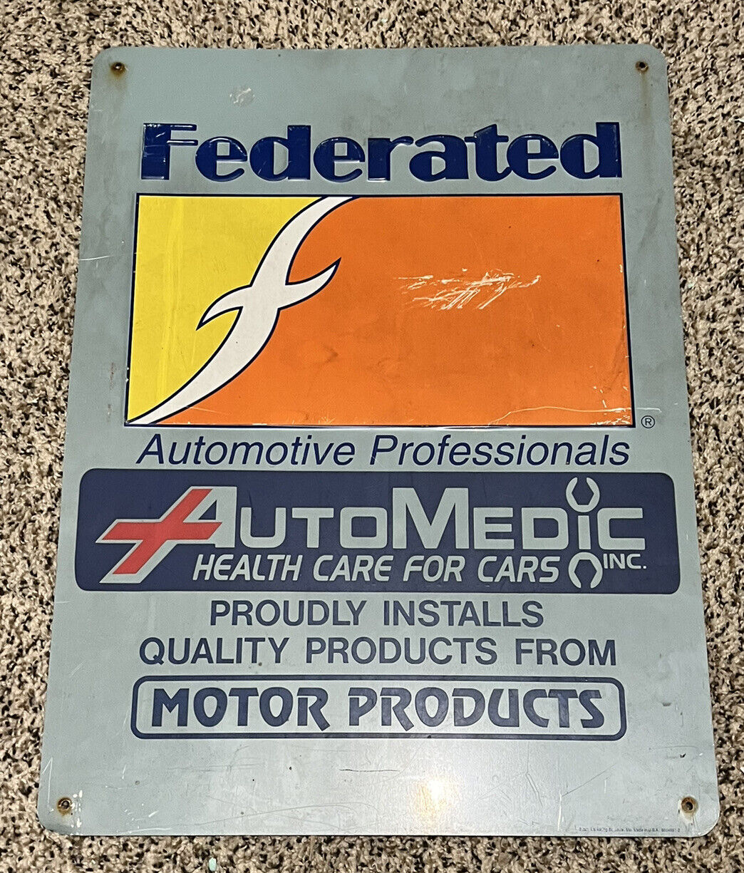 Vintage Federated Motor Parts Sign Embossed RARE 1990 SHIPS FREE IN USA