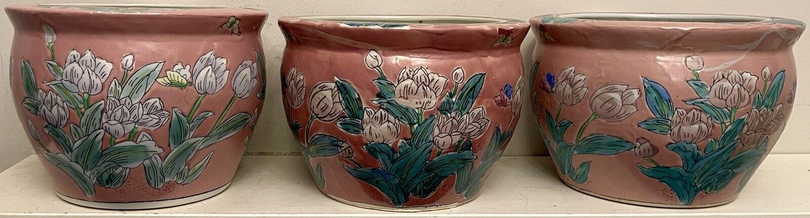 3 Chinese Porcelain Jardiniere Planter/Koi Fish Bowl Floral Butterfly Tulip 9.5”