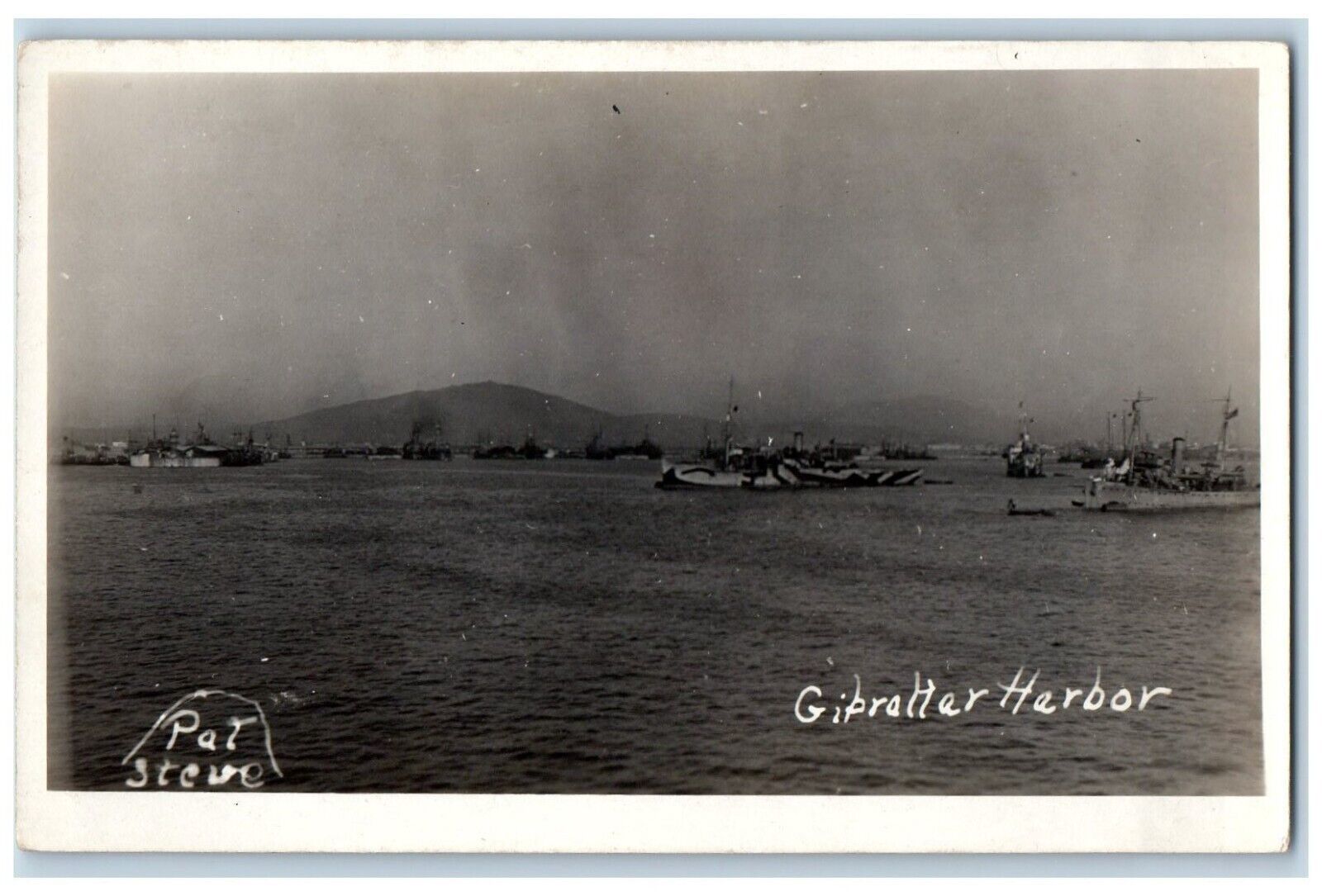Gibraltar Harbor Dazzle Camoflage Spain Ships Military RPPC Photo Postcard