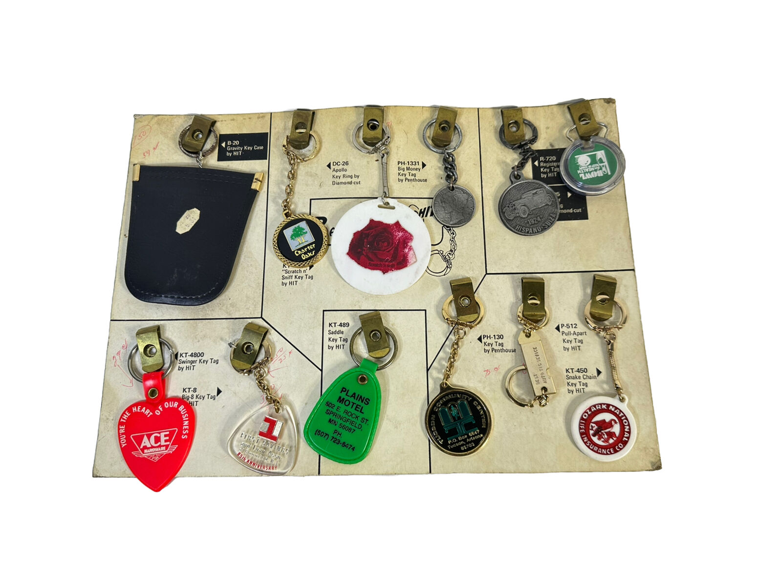 Vintage HIT line Salesman's Keychain sample board with 12 Key Chains Rare