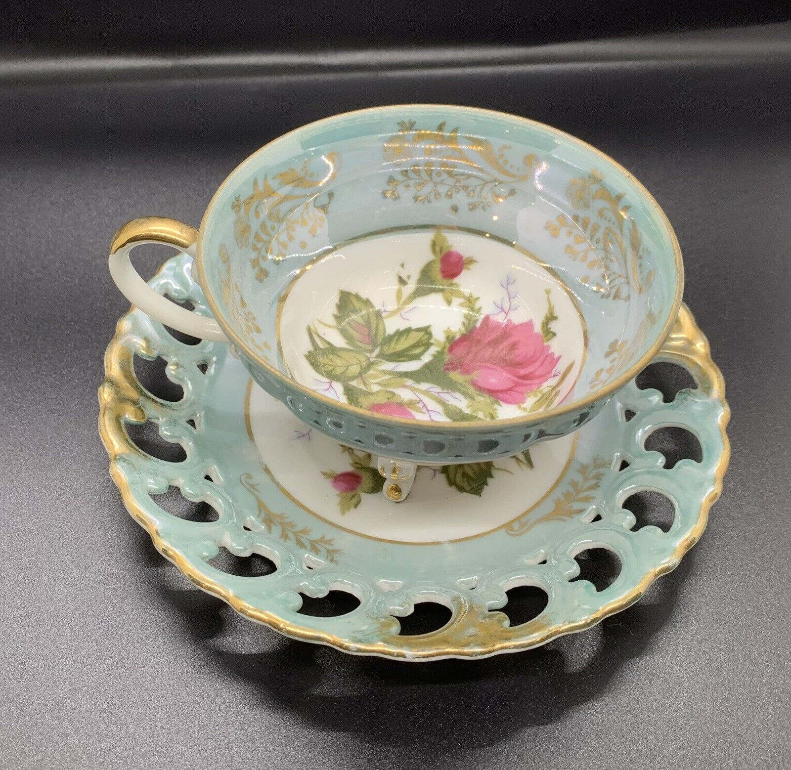 Original Vintage Royal Sealy China Cup and Saucer Roses Footed Open Edges