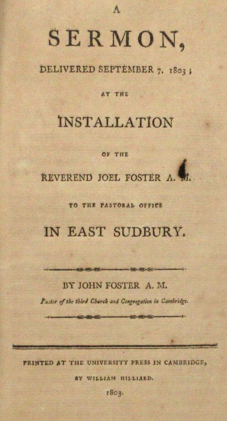 Early American Imprint Sudbury Middlesex County MA Sermon Rev Joel Foster 1803