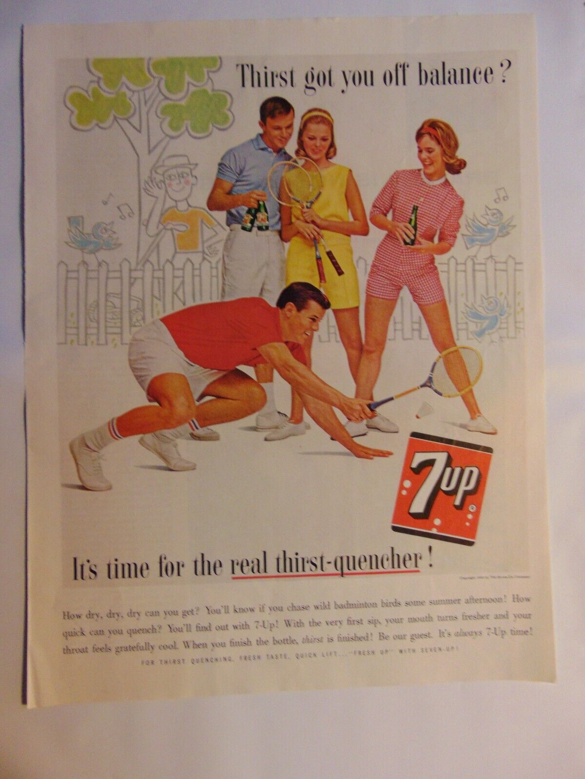 1963 7up Seven-Up folks play Badminton Quench Thirst vintage print ad