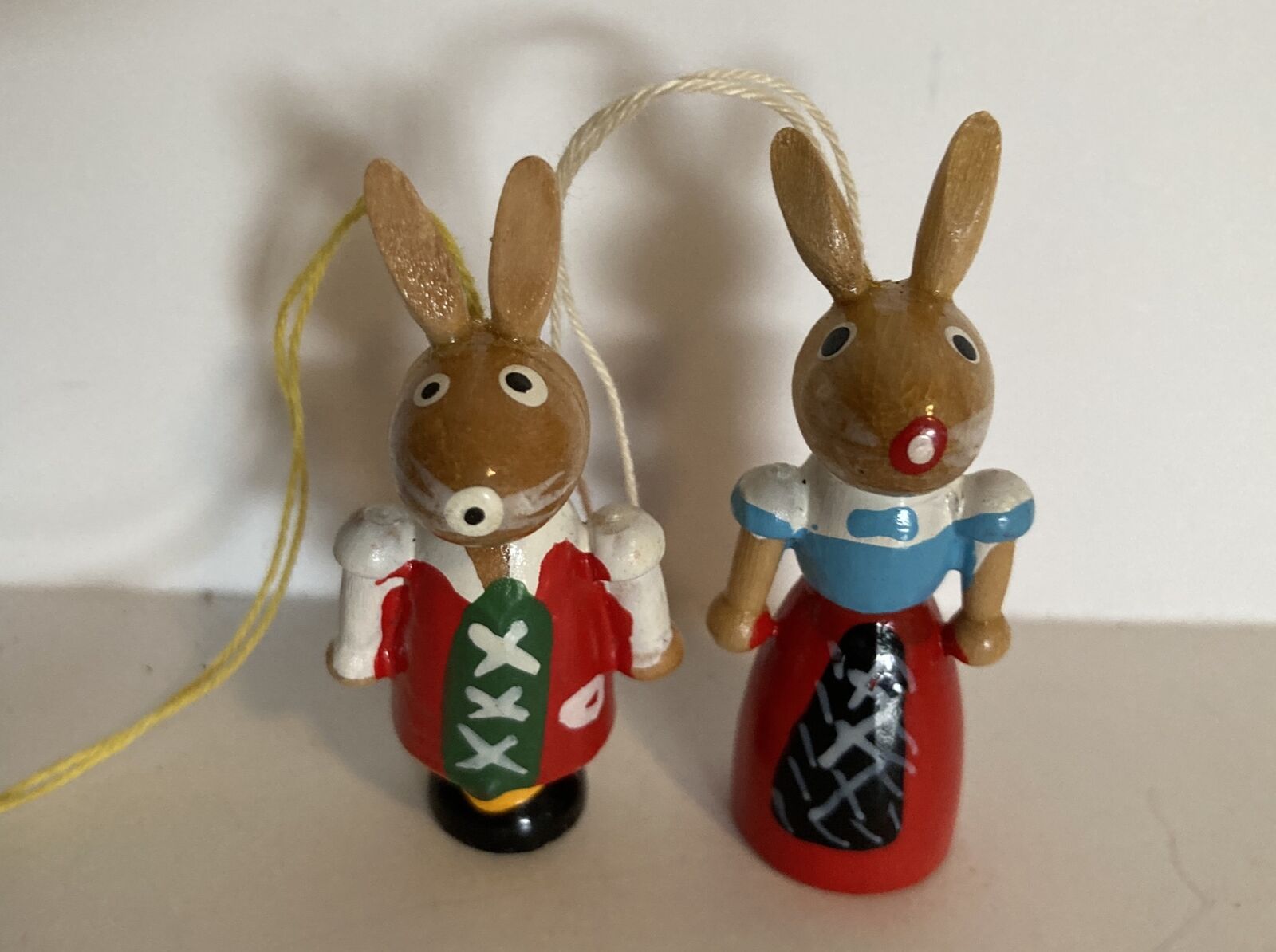 Vintage 2” German Miniature Wooden Hand Painted 2 Bunny Rabbits Easter Ornaments