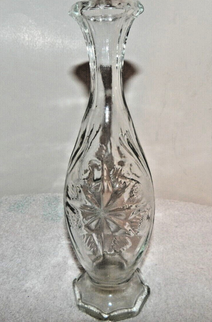 Clear Rounded Star Engraved Vase, 9 inches tall, ribbed sides, Great condition