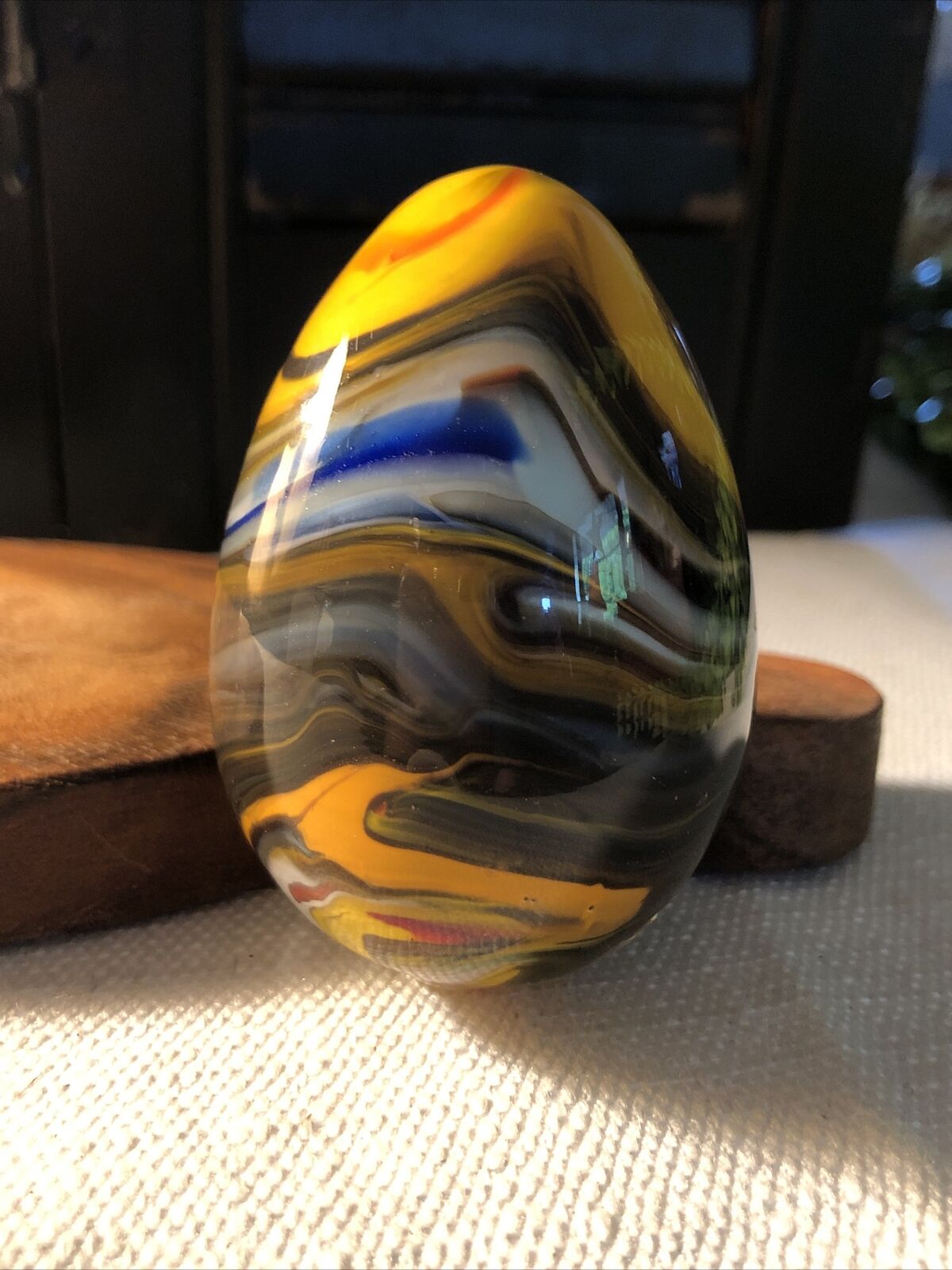 Vintage Handblown Art Glass Swirl Egg Shaped Paperweight Multi-Color 3” Long