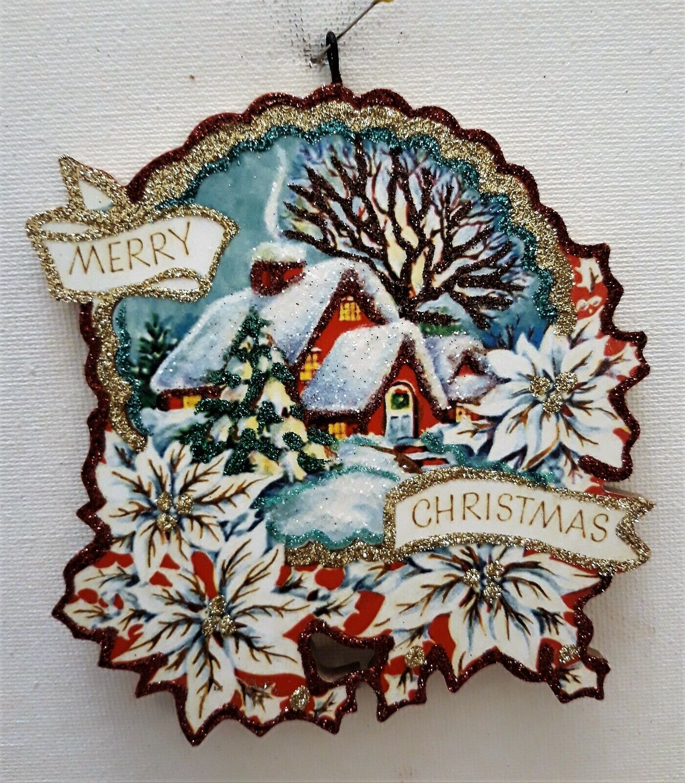 MERRY CHRISTMAS - SNOWY HOUSE, WHITE POINSETTIAS  * Glitter ORNAMENT * Vtg Img