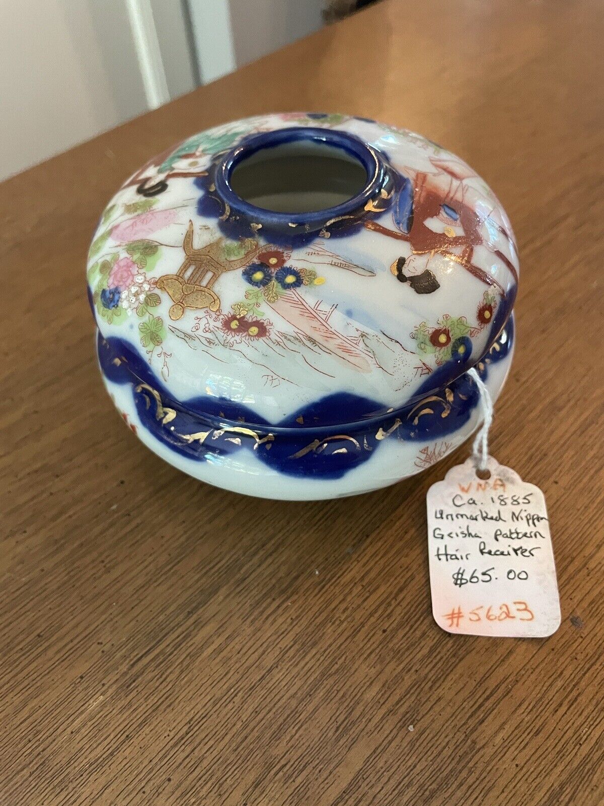 Antique Porcelain Hair Receiver Trinket Box Handpainted Geisha Girl Vanity Jar