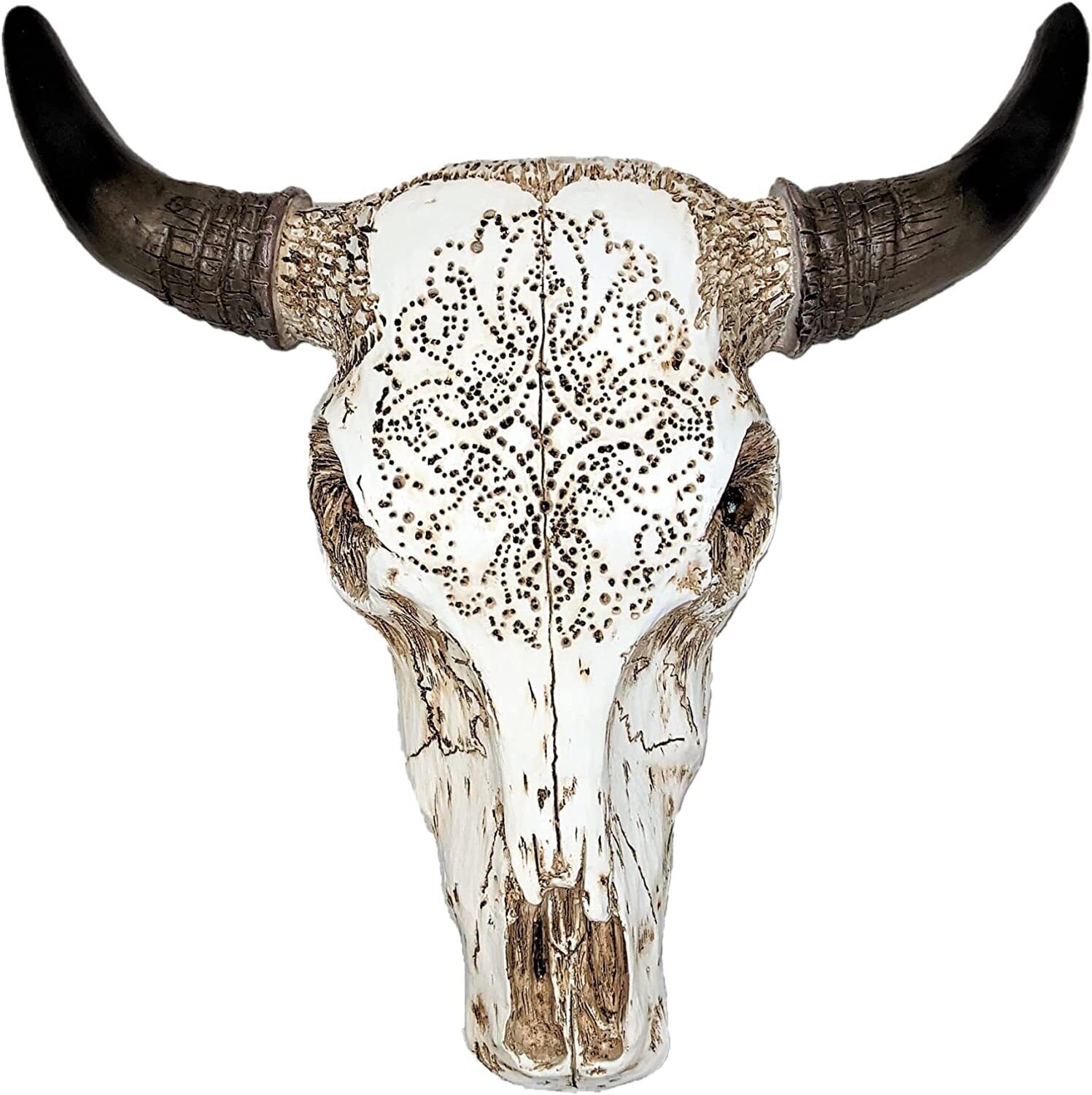 Tribal Carved White Bull Steer Cow Skull Wall Hanging Western Cabin Lodge Decor