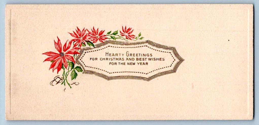 1920-30\'s SMALL ANTIQUE CHRISTMAS XMAS CARD POINSETTIA HEARTY GREETINGS