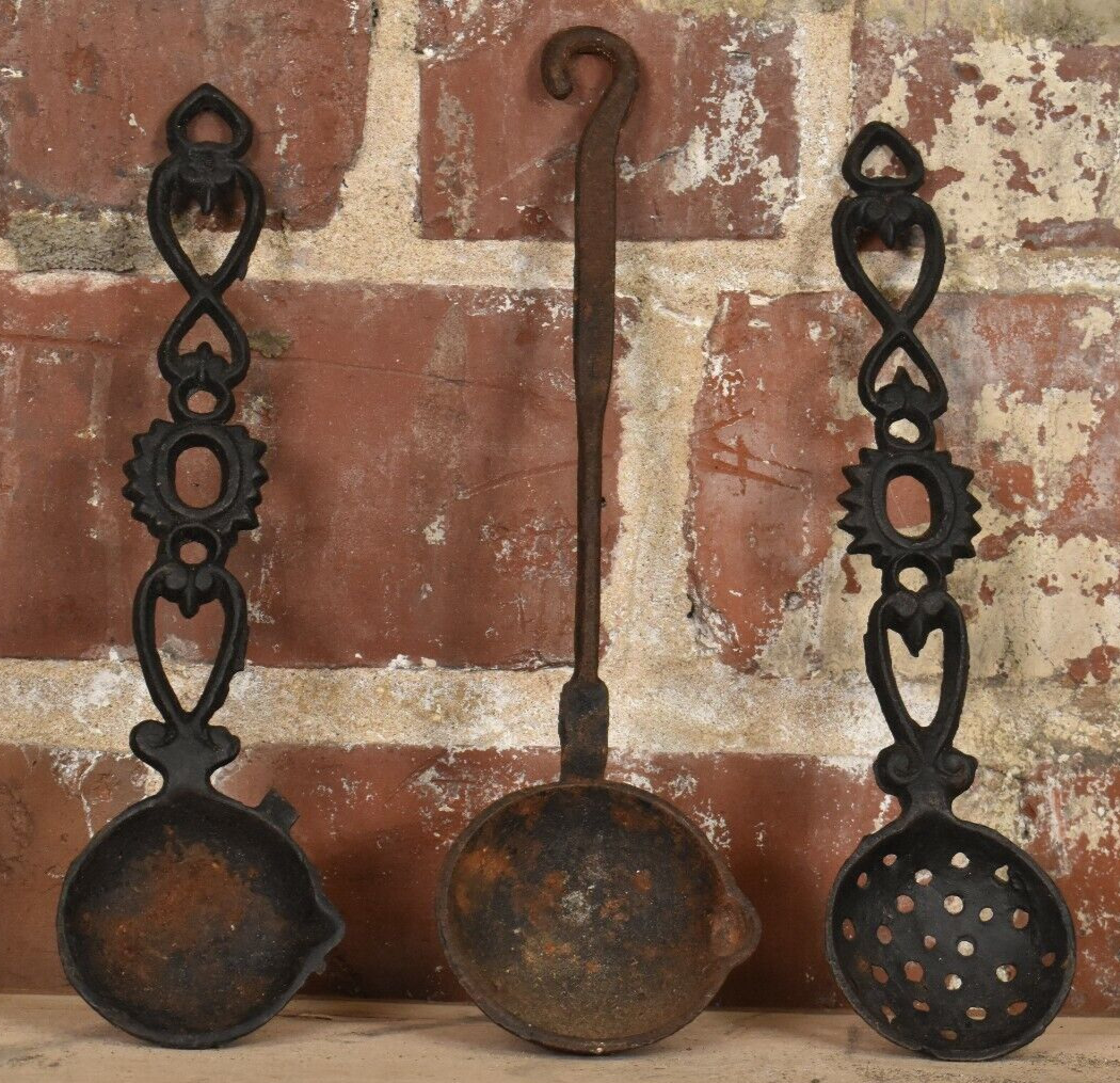 3pc Vintage TAIWAN Cast Iron Decorative Hanging Utensil Set Ladle Strainer Spoon