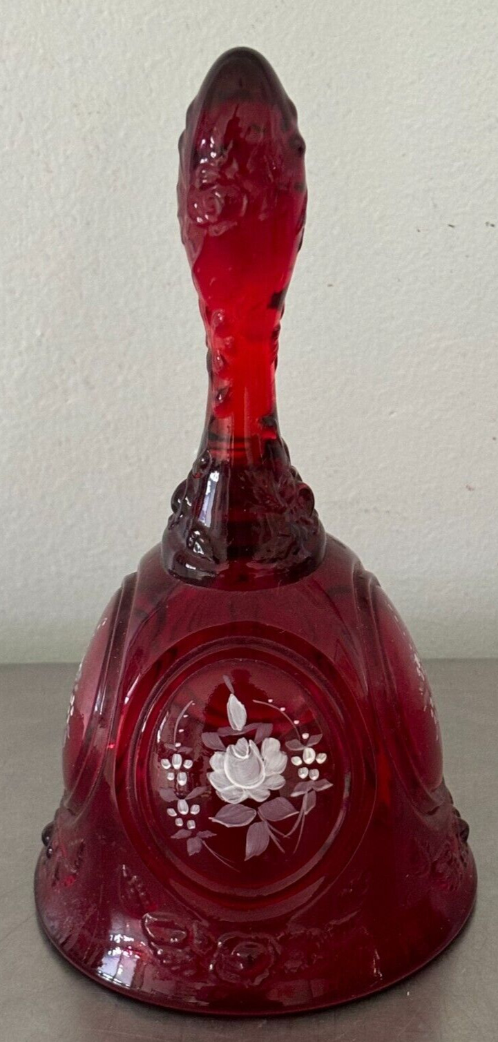 Fenton ROSES ON RUBY Hand Painted Glass CAMEO BELL 6-7/8\