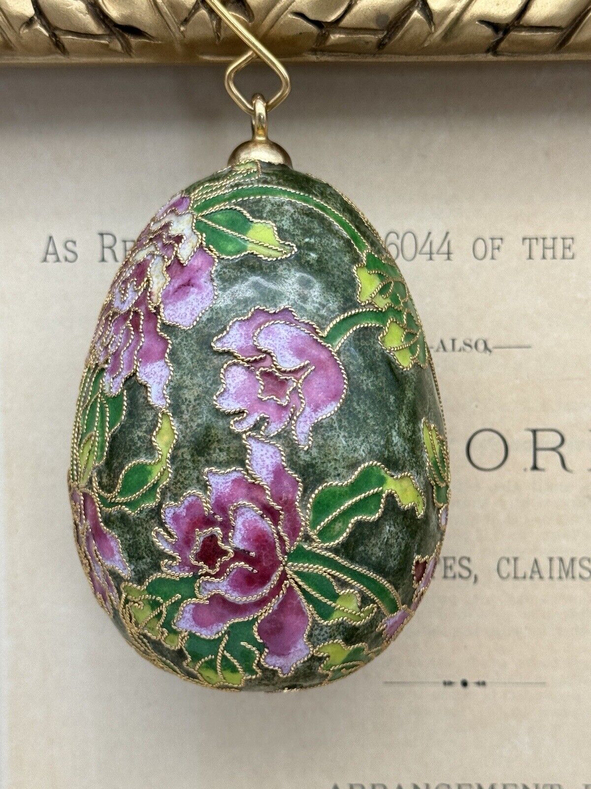 Vintage Cloisonné Egg Ornament Pink & Green with Hanger Gold Tone Ca. 3.5”