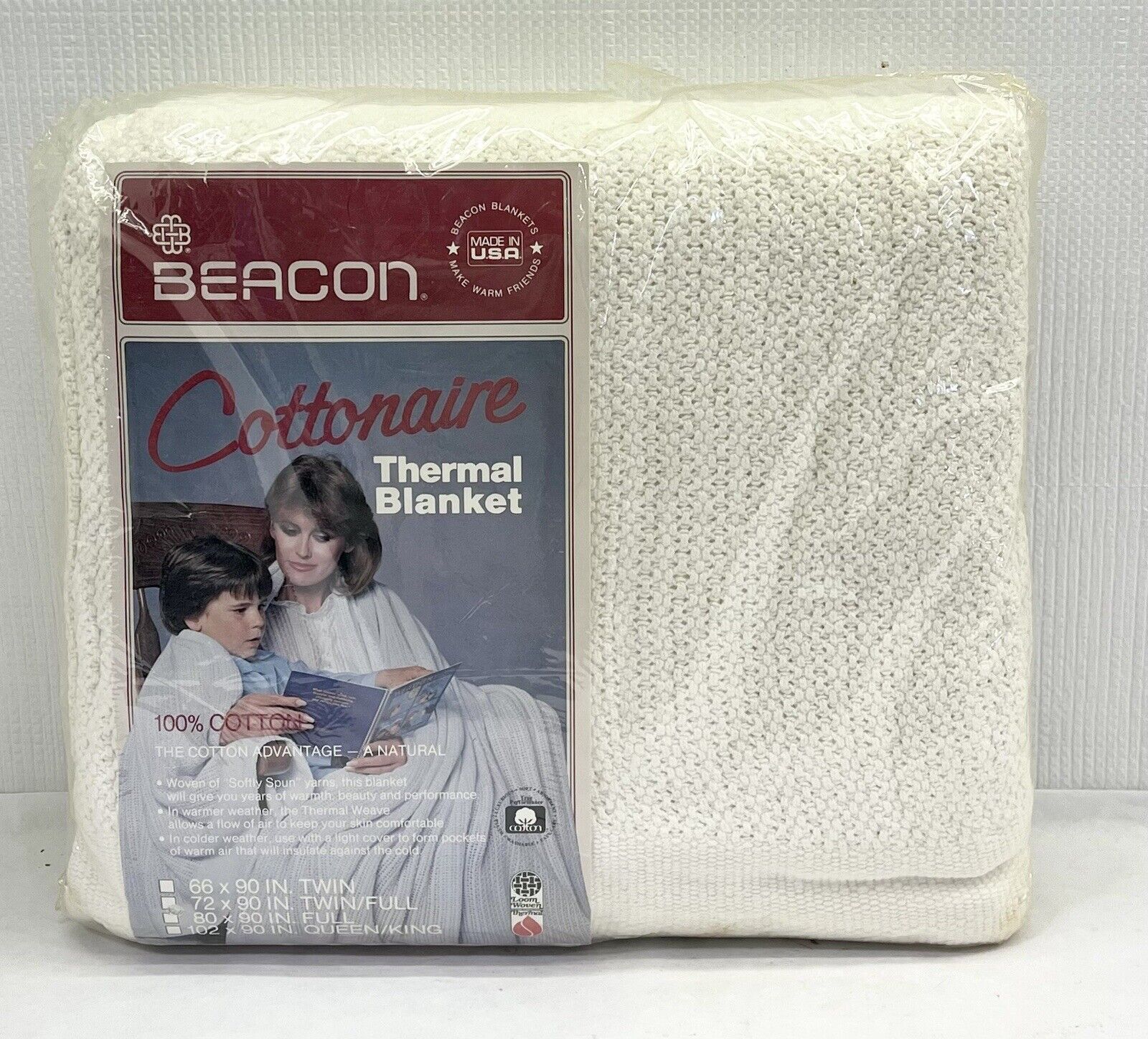 NOS Beacon Cottonaire White Cotton Thermal Blanket Waffle Weave Twin/Full 72x90