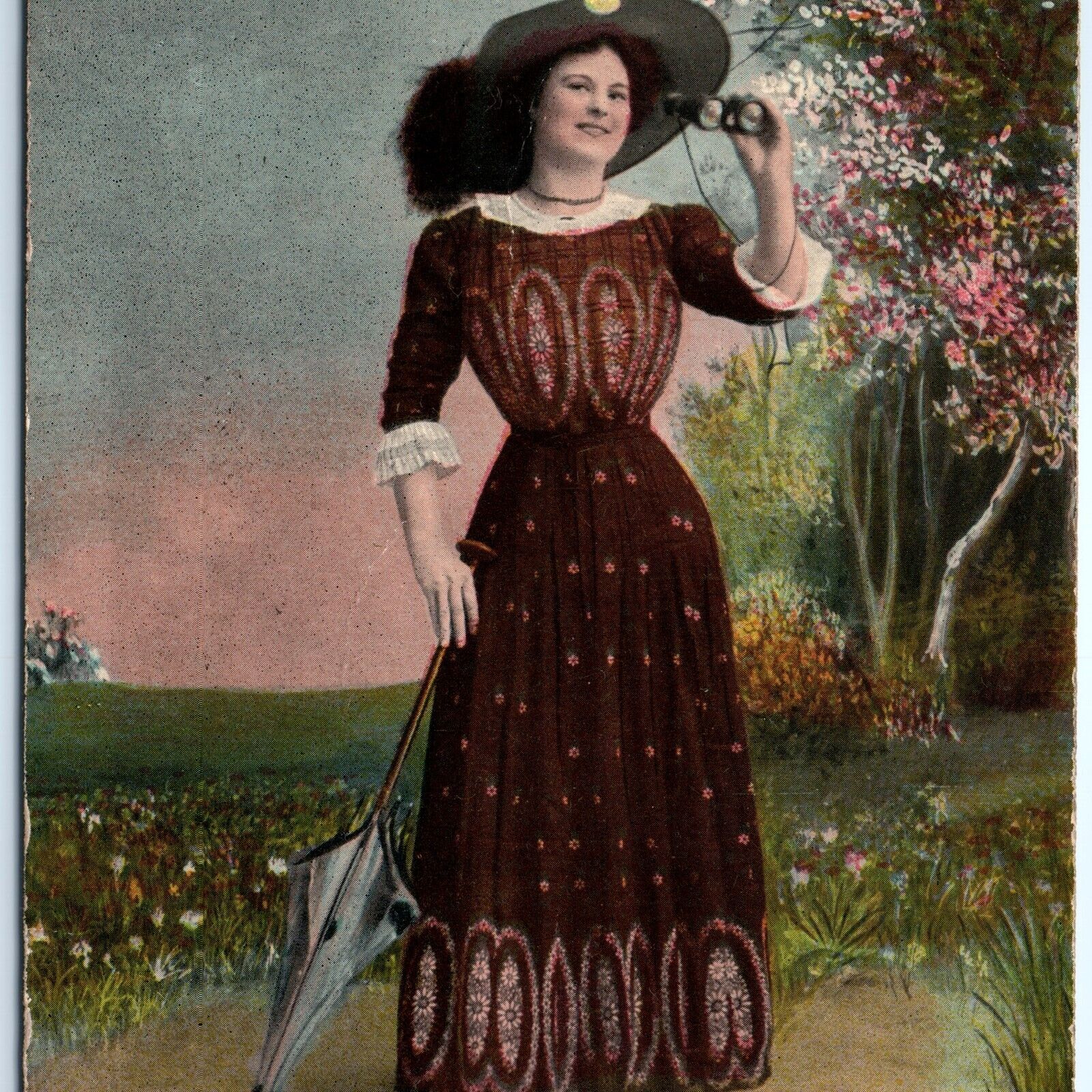 1910 Looking for a Real Nice Man Cute Woman w/ Binoculars Postcard Umbrella A80