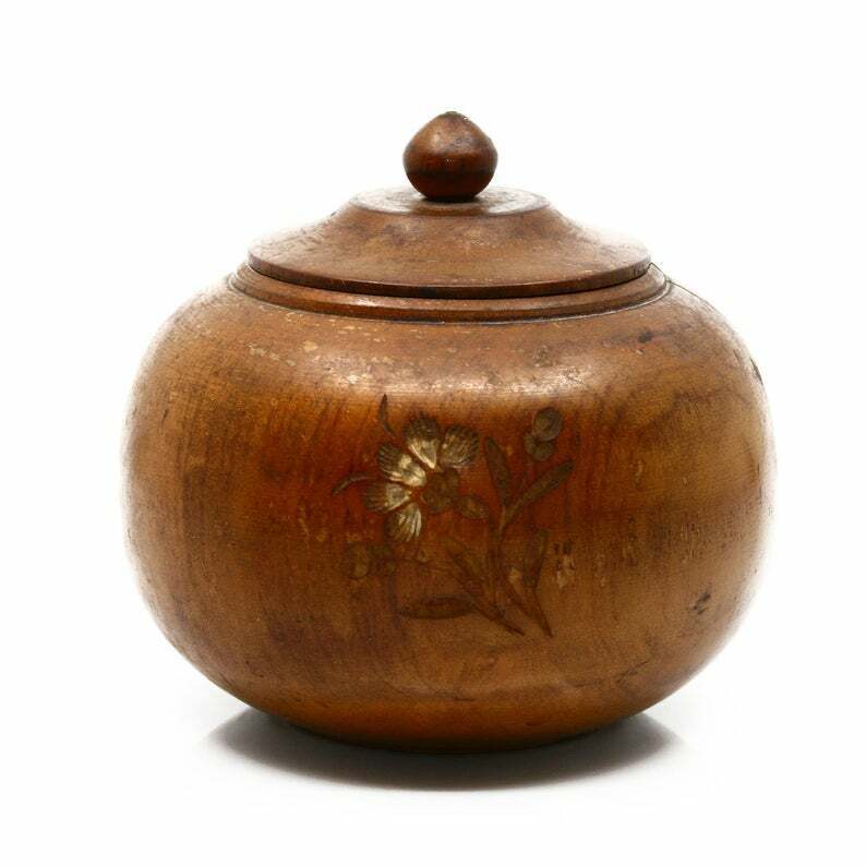 Victorian Etched Antique Wood Treenware Lidded Spice Tea Caddy Sugar Container