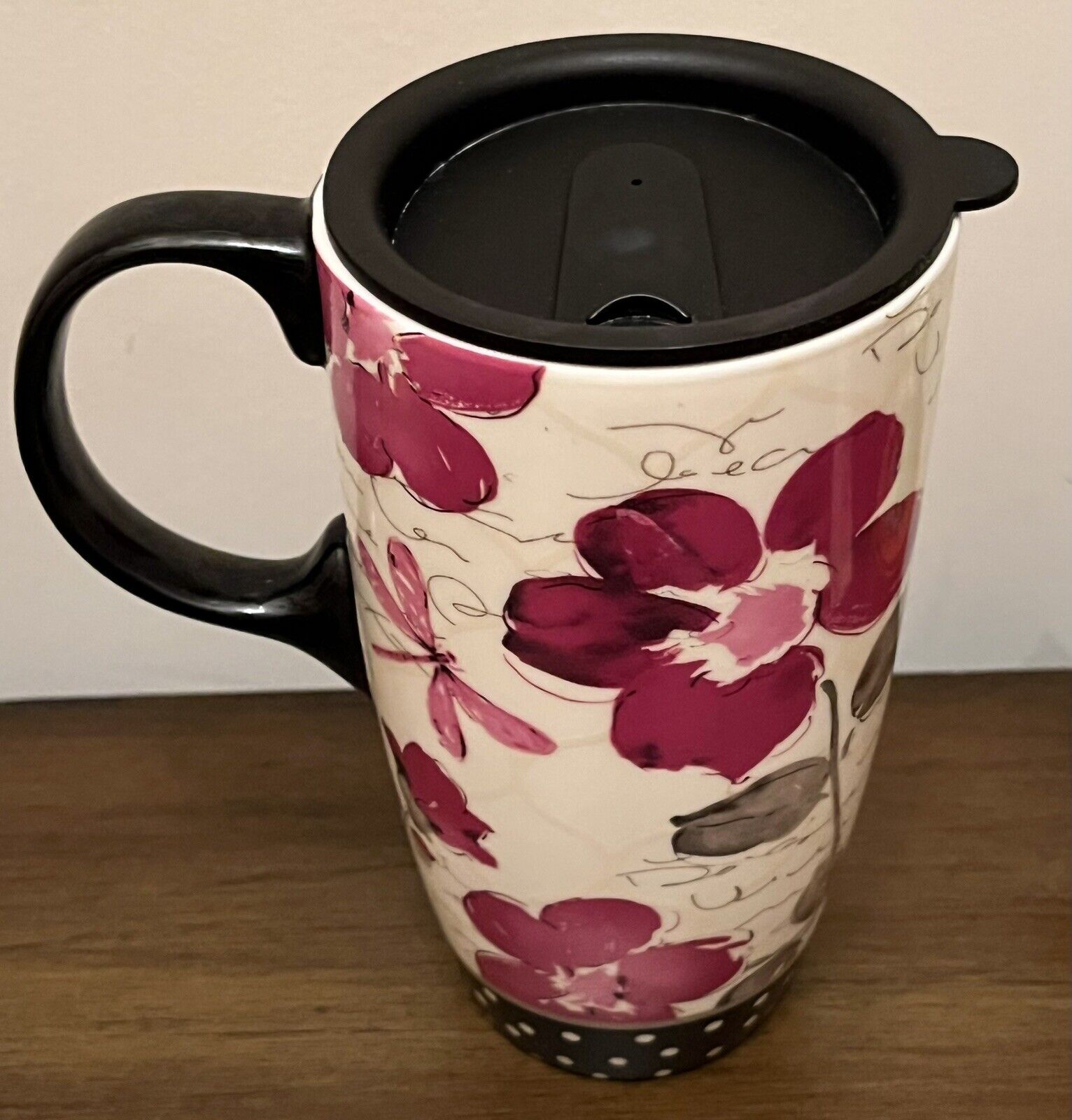 Cypress Home Ceramic Travel  Coffee Mug Lid Floral Symphony Dragonfly Flower Cup