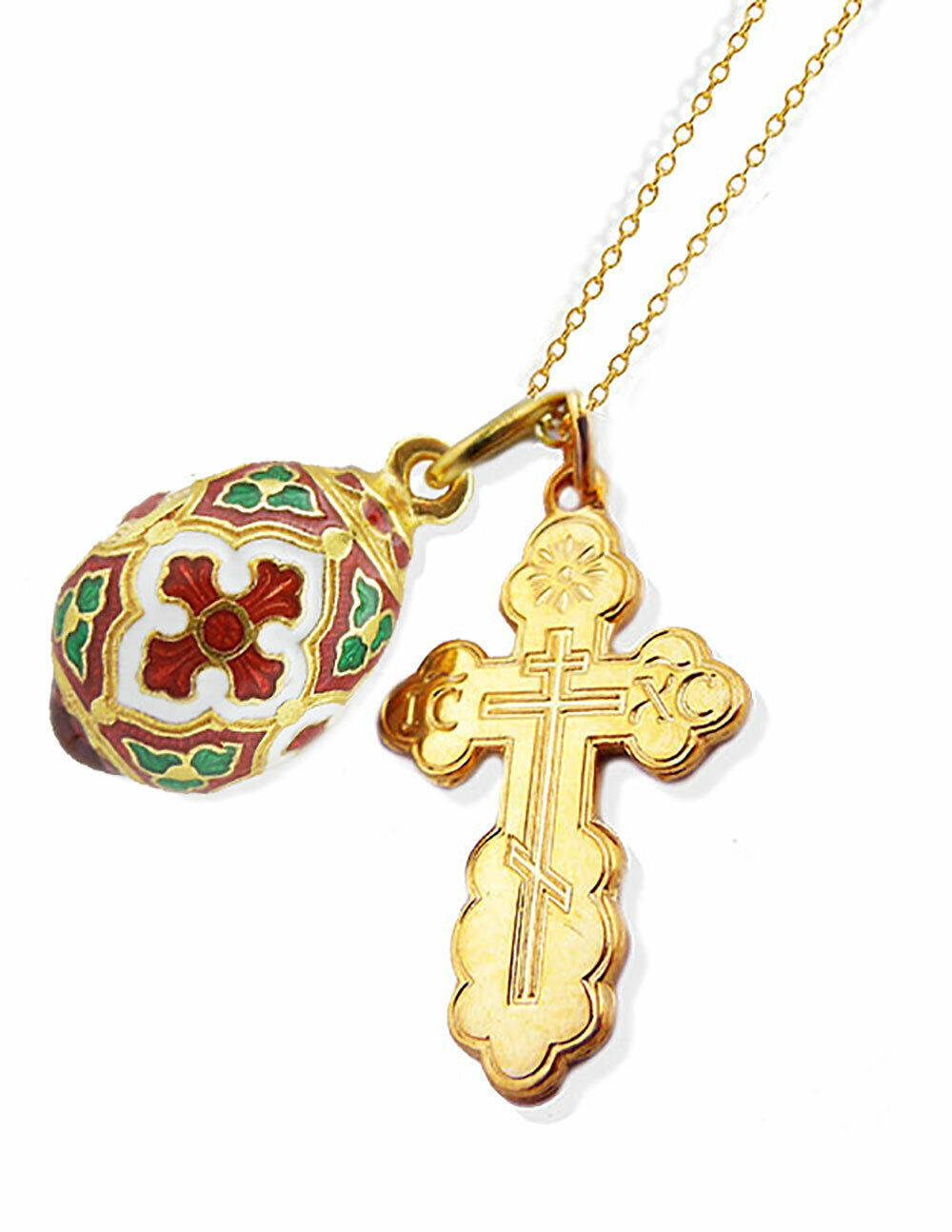 Saint Olga Cross Pendant Three Bar Orthodox - Silver Gold Tone Egg Pendant Chain