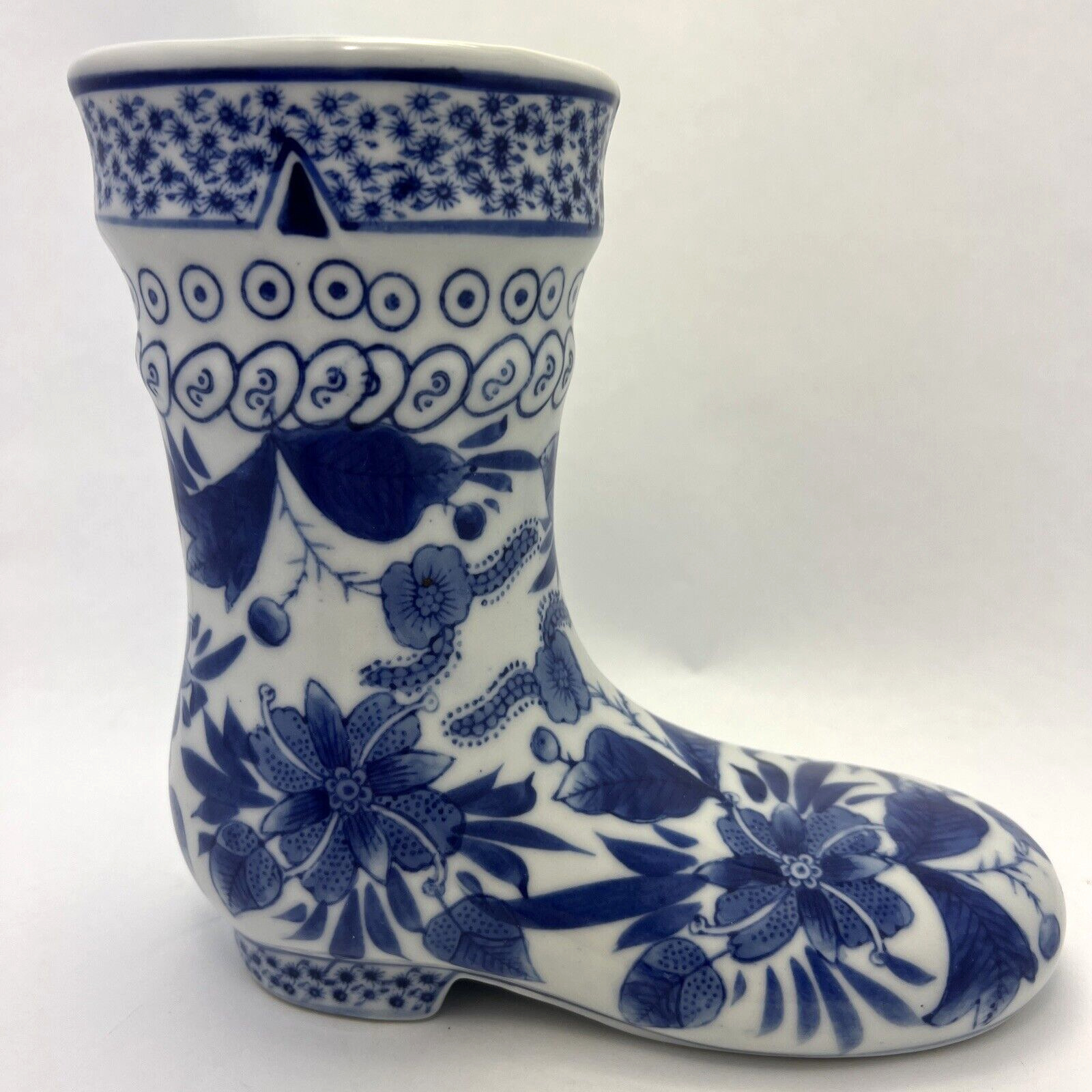 Victorian Boot Ceramic Boot -blue & white  flowers Heel vase, planter lower Heel
