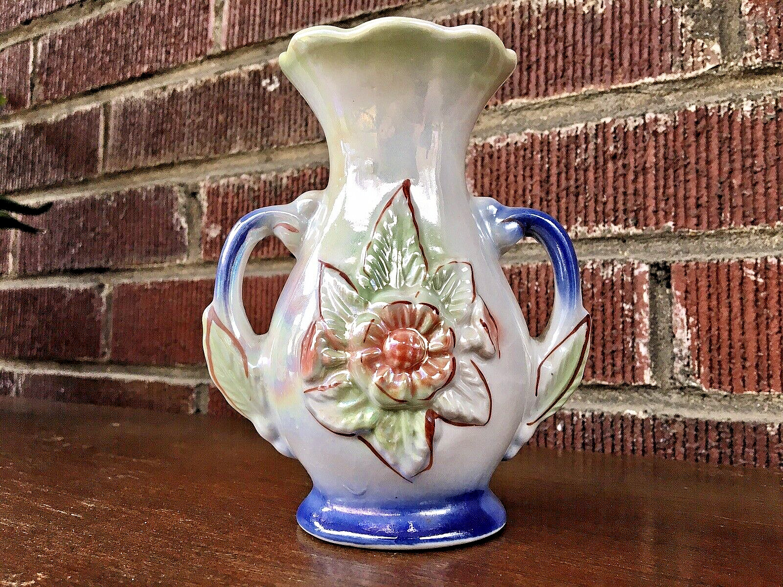 Mid Century Lustreware Porcelain Bud Vase Floral Embossed Iridescent from Brazil