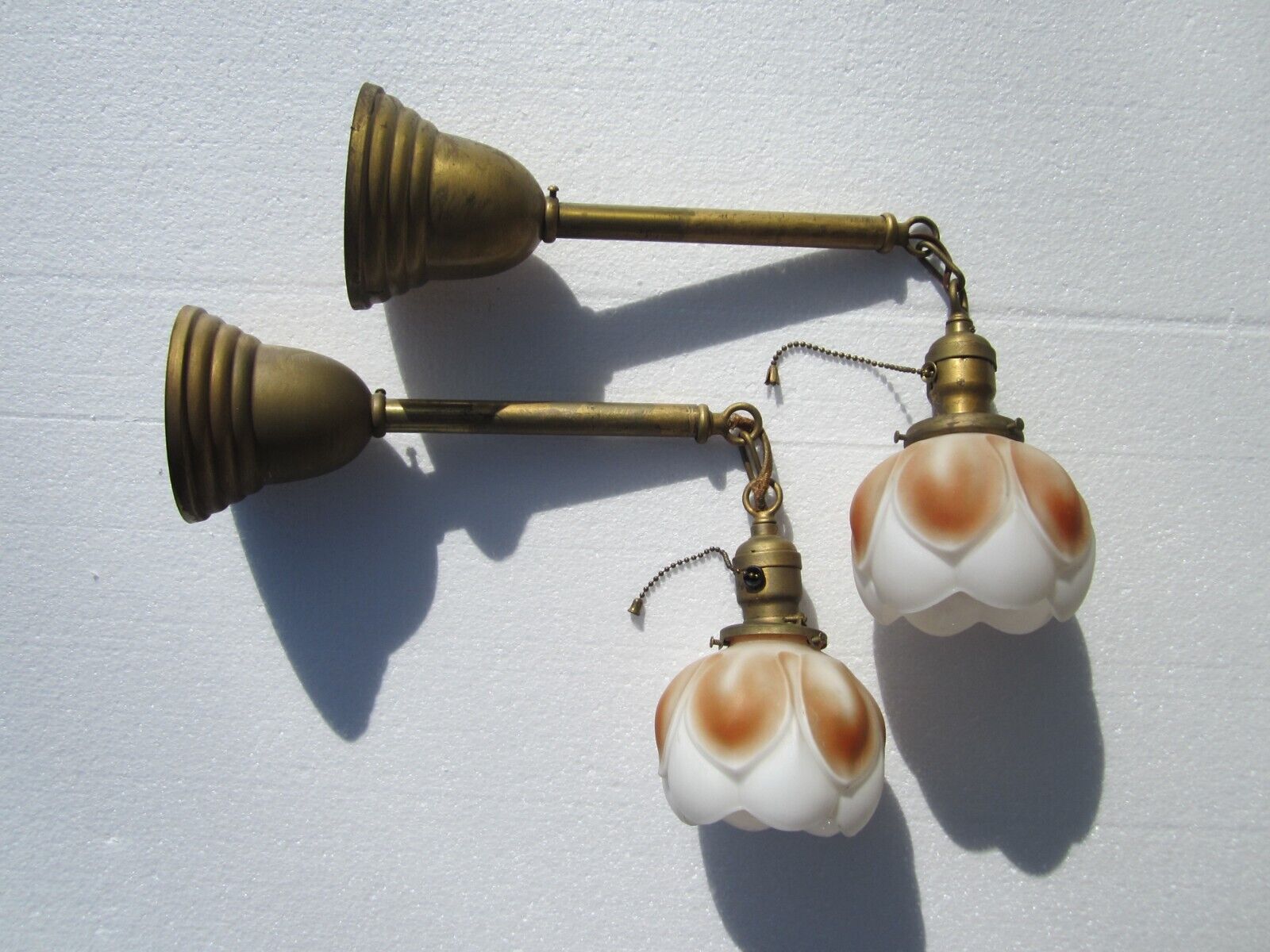 PAIR ANTIQUE 1890’S ART NOUVEAU BRASS & GLASS SHADE WALL SCONCES ELECTRIC LAMPS