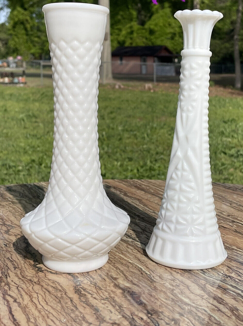 VTG Hoosier Milk Glass Set- Quilted Diamond & Starburst Pattern-Flower Bud Vases