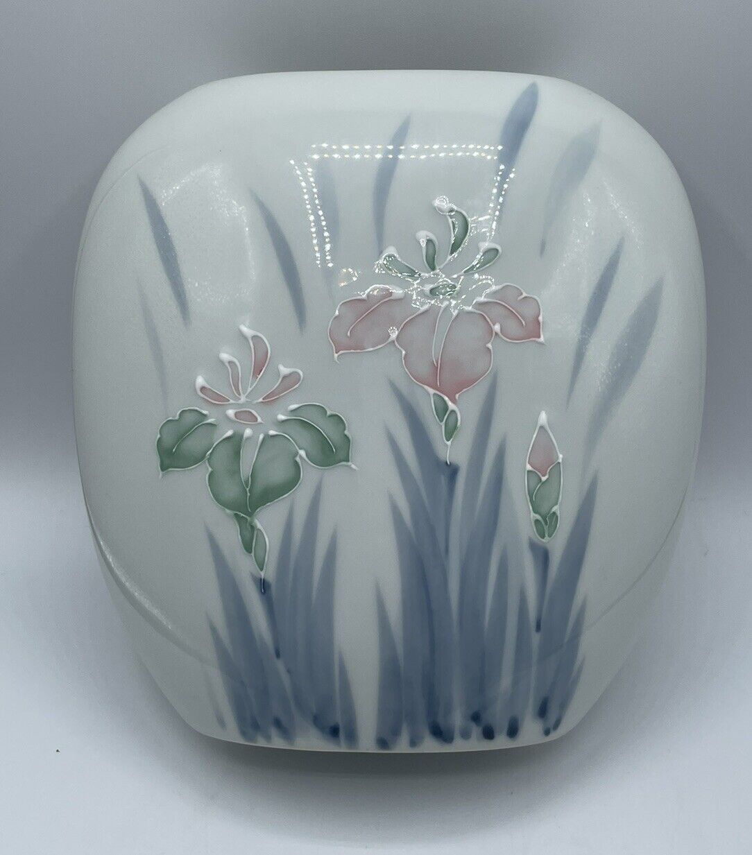 Vintage Floral Lite Hand Painted Pillow Vase Japan Iris Flowers