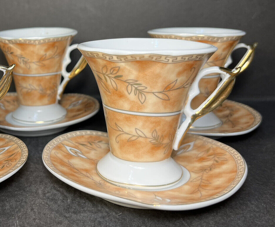 Vintage SET 4 D’Lusso Designs Soft Apricot Gold Lusterware Demitasse Cup Saucers
