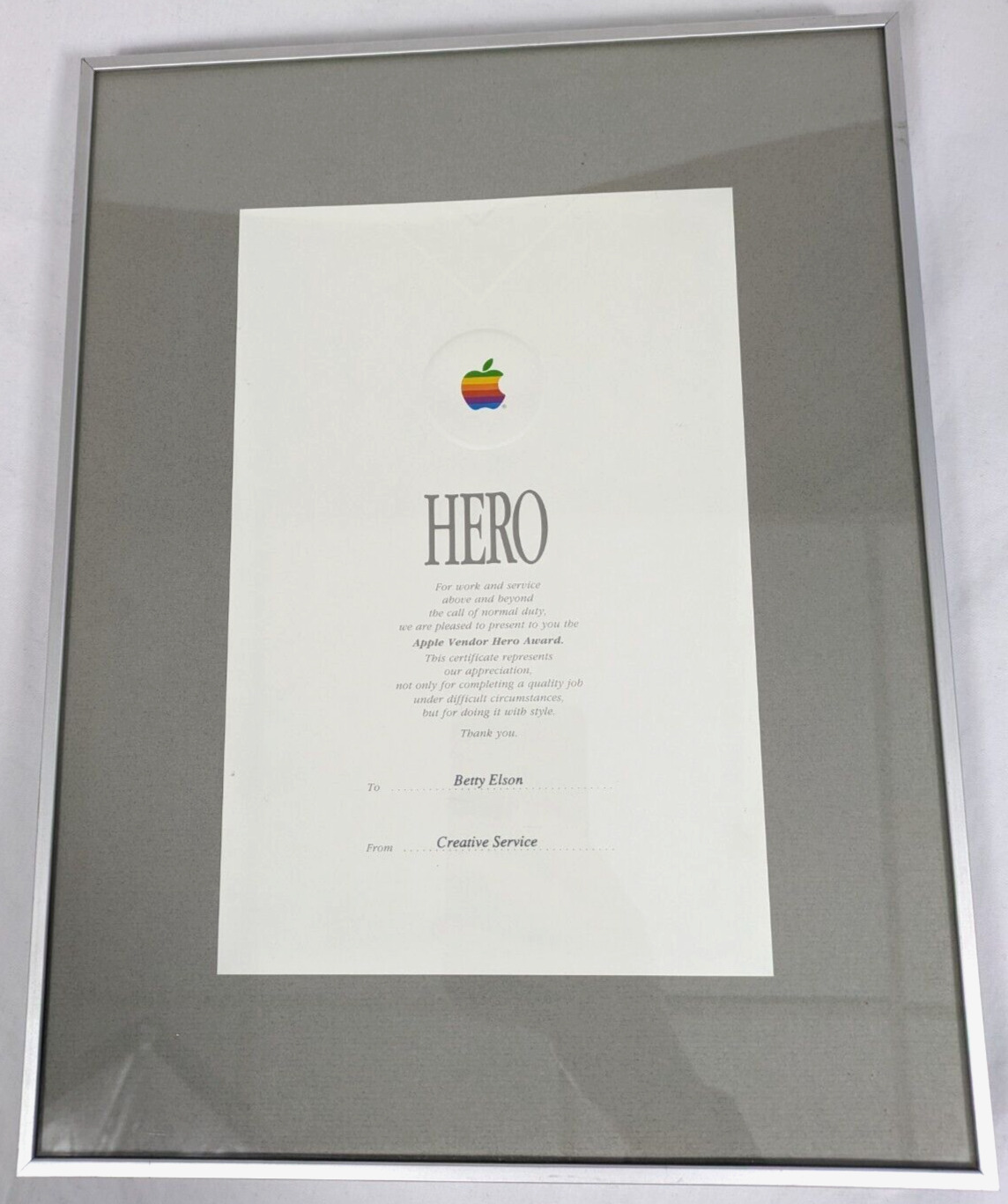 Vtg Apple Computer Mac Vendor Hero Award Recognition Employee Framed Certificate