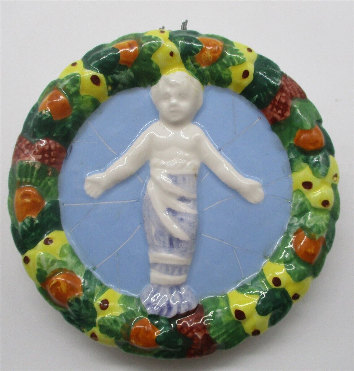 Della Robbia Plaque Christ Child Baby Jesus Ceramic Fruit Border 4 1/2\