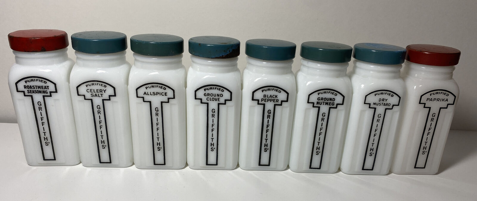 Vtg. Griffith\'s 8 Jar Art Deco Milk Glass Spice Jars
