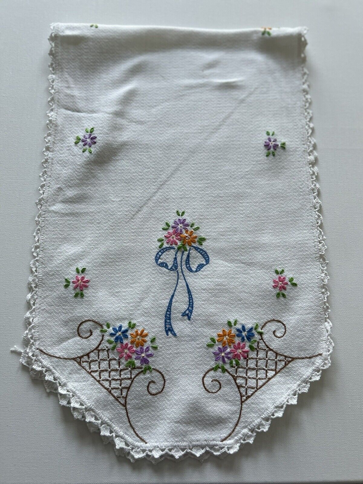 Hand Embroidered Flowers And Baskets Table Runner Dresser Scarf Vintage 12 X 36