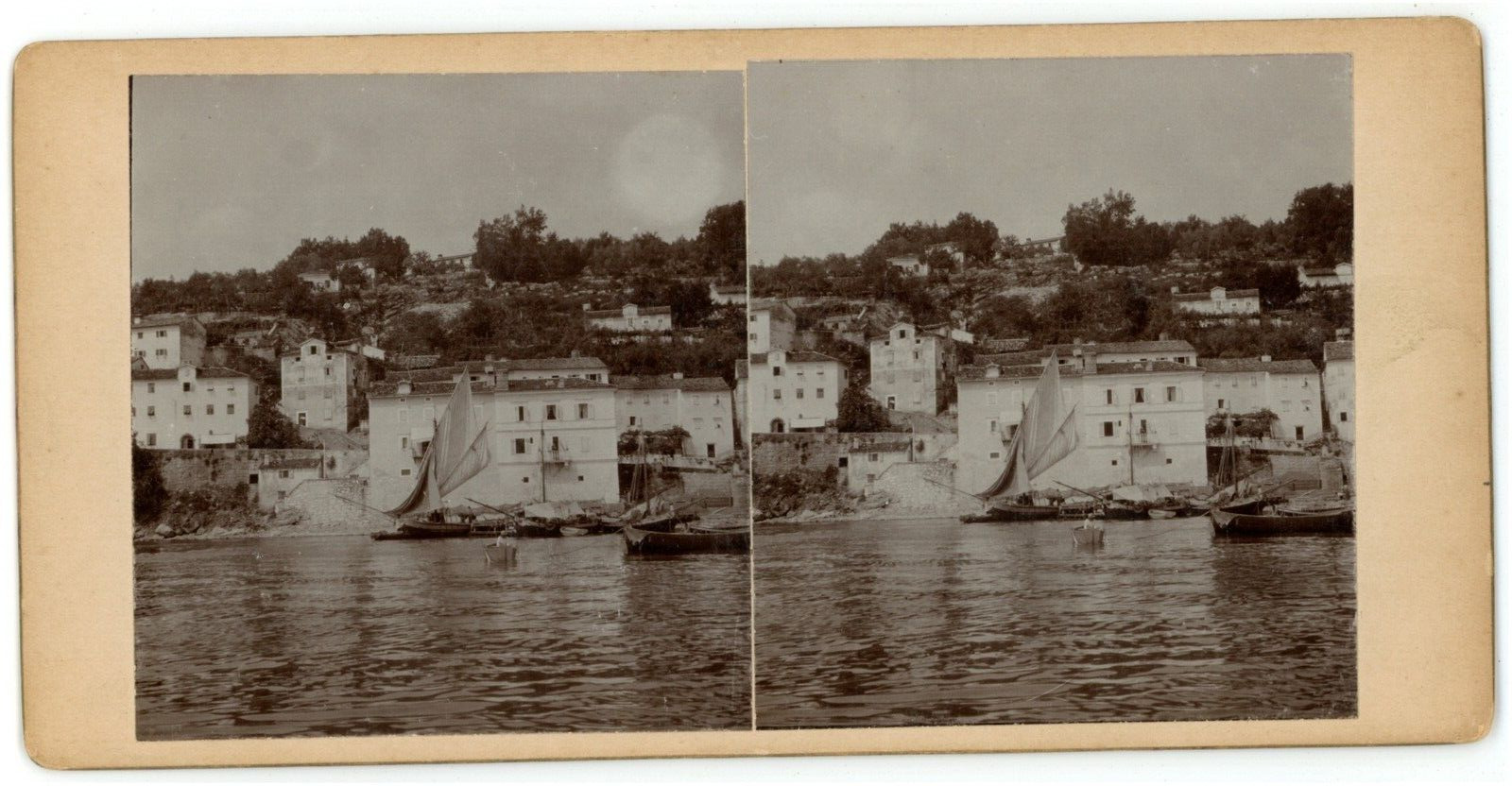 c1890's Real Photo Stereoview Card Featuring Boat and Village in Mediterranean